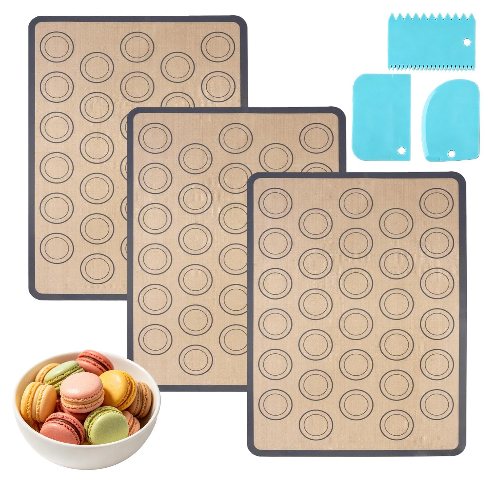 3 tappetini da forno in silicone per macaron, 42 x 29,5 cm, tappetino in silicone, facile da pulire, antiaderente, con raschietto blu, per torte, pane, biscotti, pizza