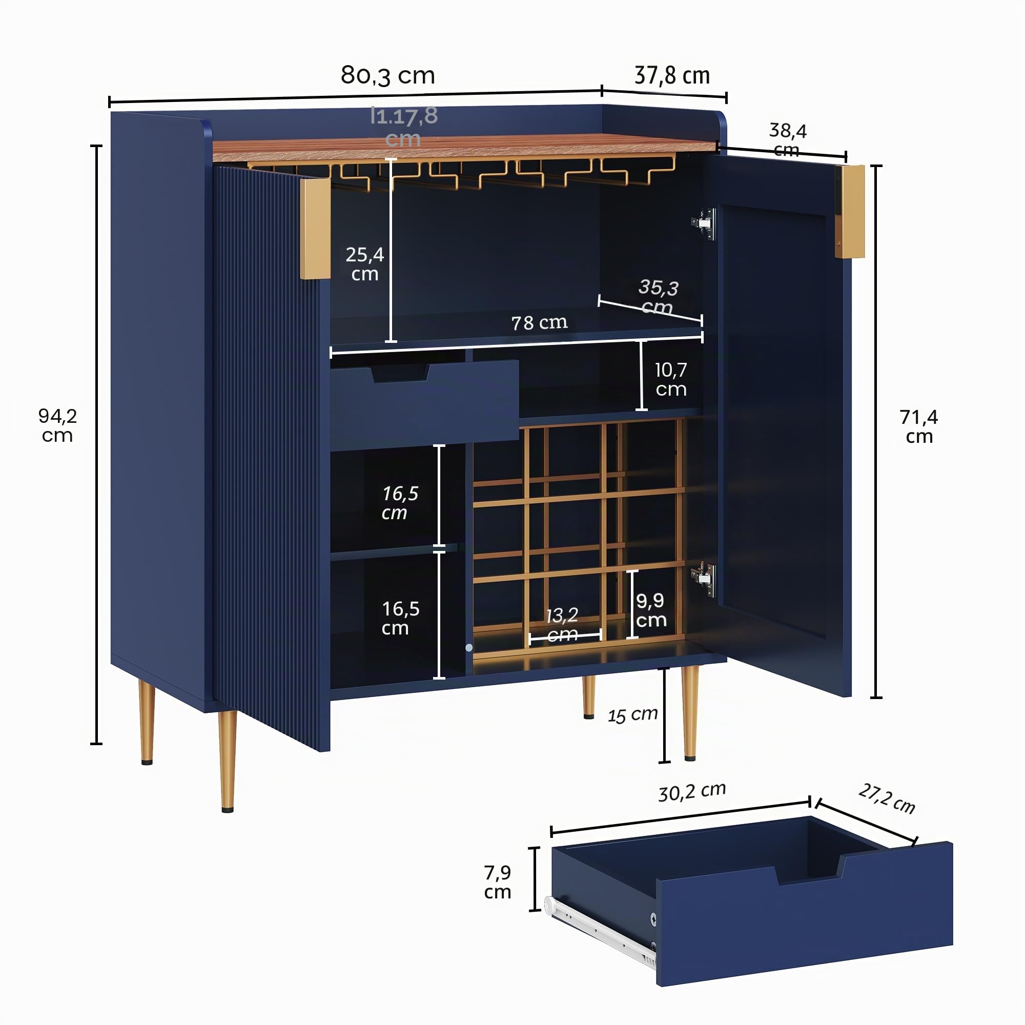 HOLTICO Gabinete de bebidas, gabinete de vino para 9 botellas, armario de bar con soportes de vidrio, estante de vino independiente, aparador, mesa de bar, buffet para sala de estar y comedor, color