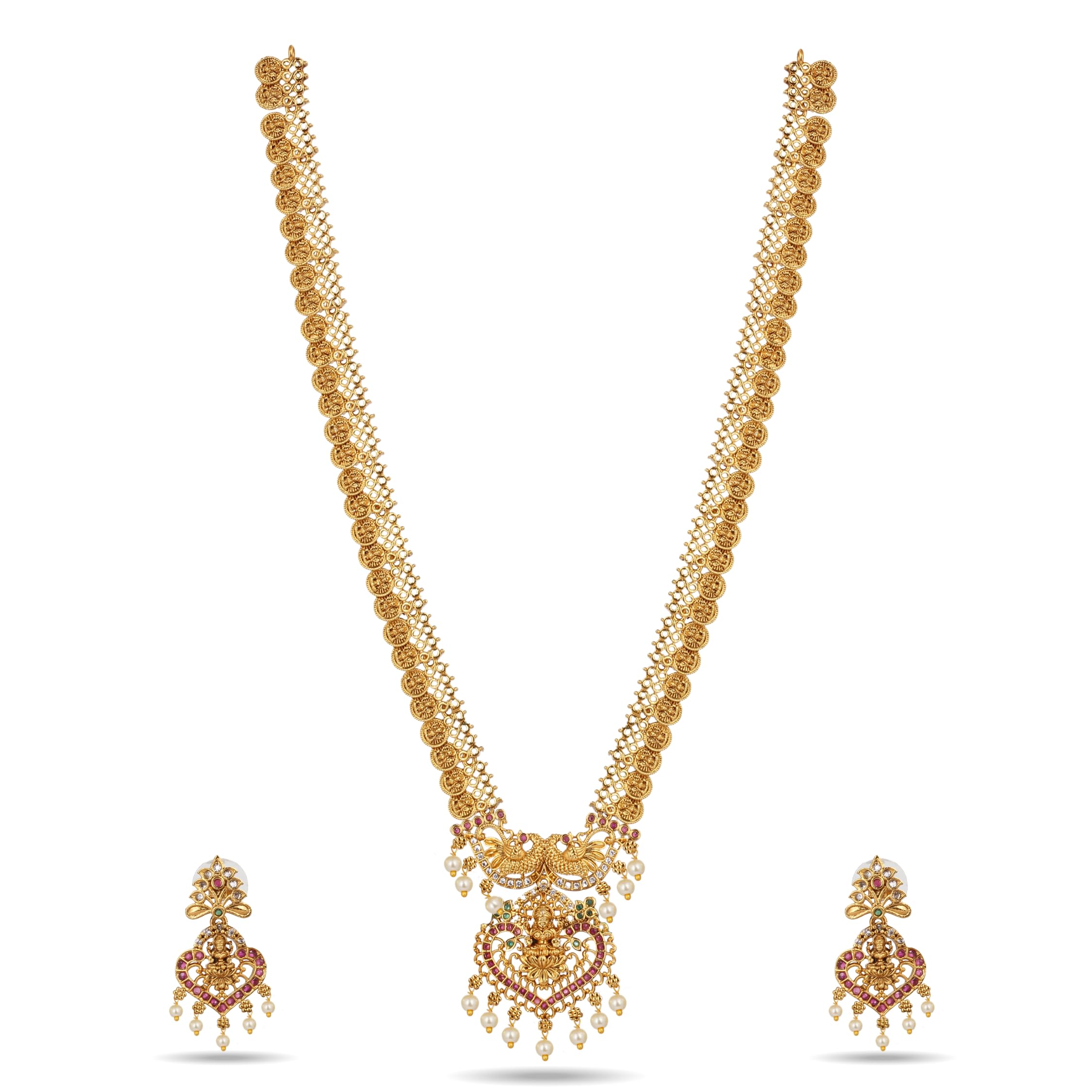 Temple Jewellery Long Haar Necklace Set with Maang Tikka & Earrings, Lakshmi Coin Design Traditional Bridal Wedding Jewellery Set For Women-image-39
