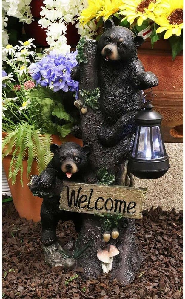 1 Pcs Climbing Black Bear Cubs Garden Light Welcome Statue Figurine Solar LED Lantern