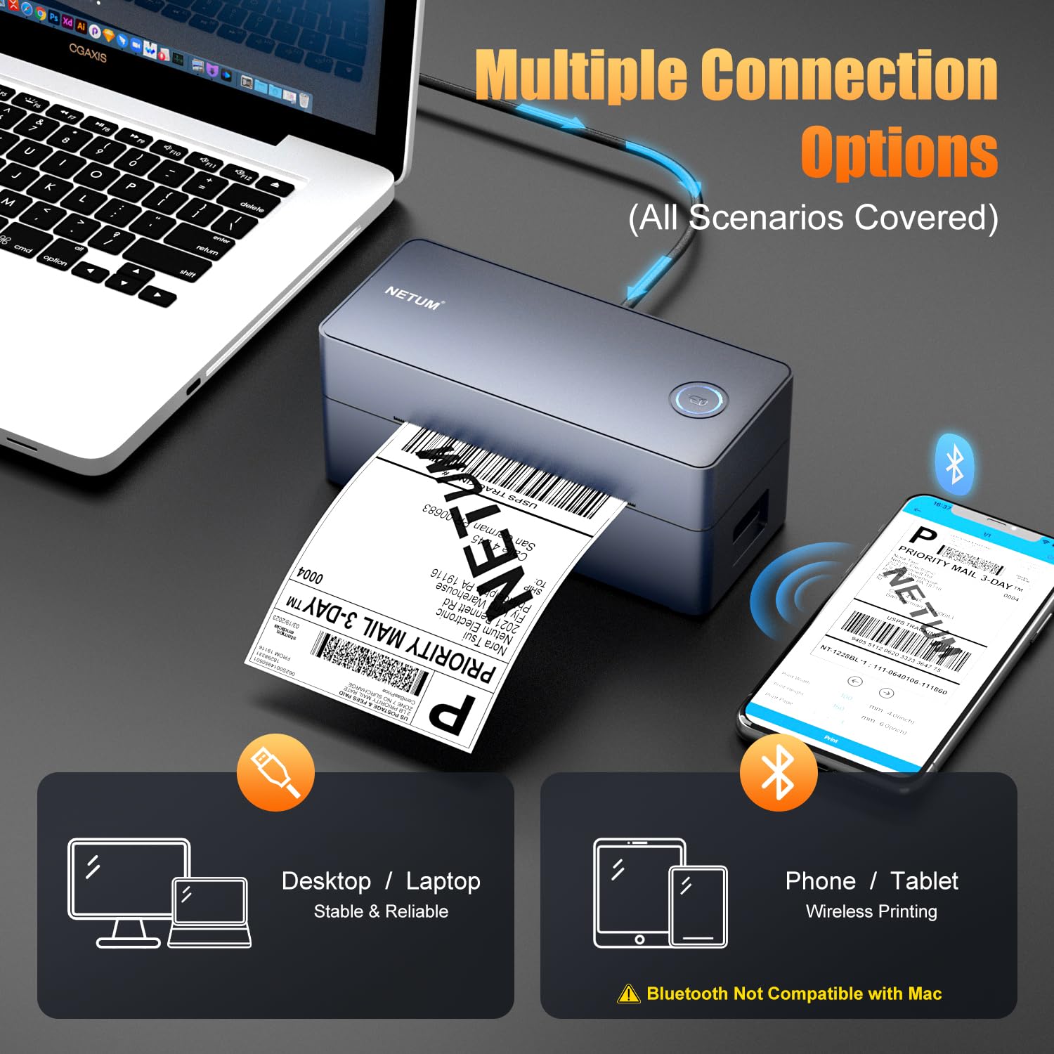NETUM Stampante Etichette Termica Bluetooth e USB 100x150 mm, Stampante Termica Diretta Alta Velocità per Etichette Spedizione, Codici a Barre, Compatibile con Amazon, Etsy, Logistica e Magazzino