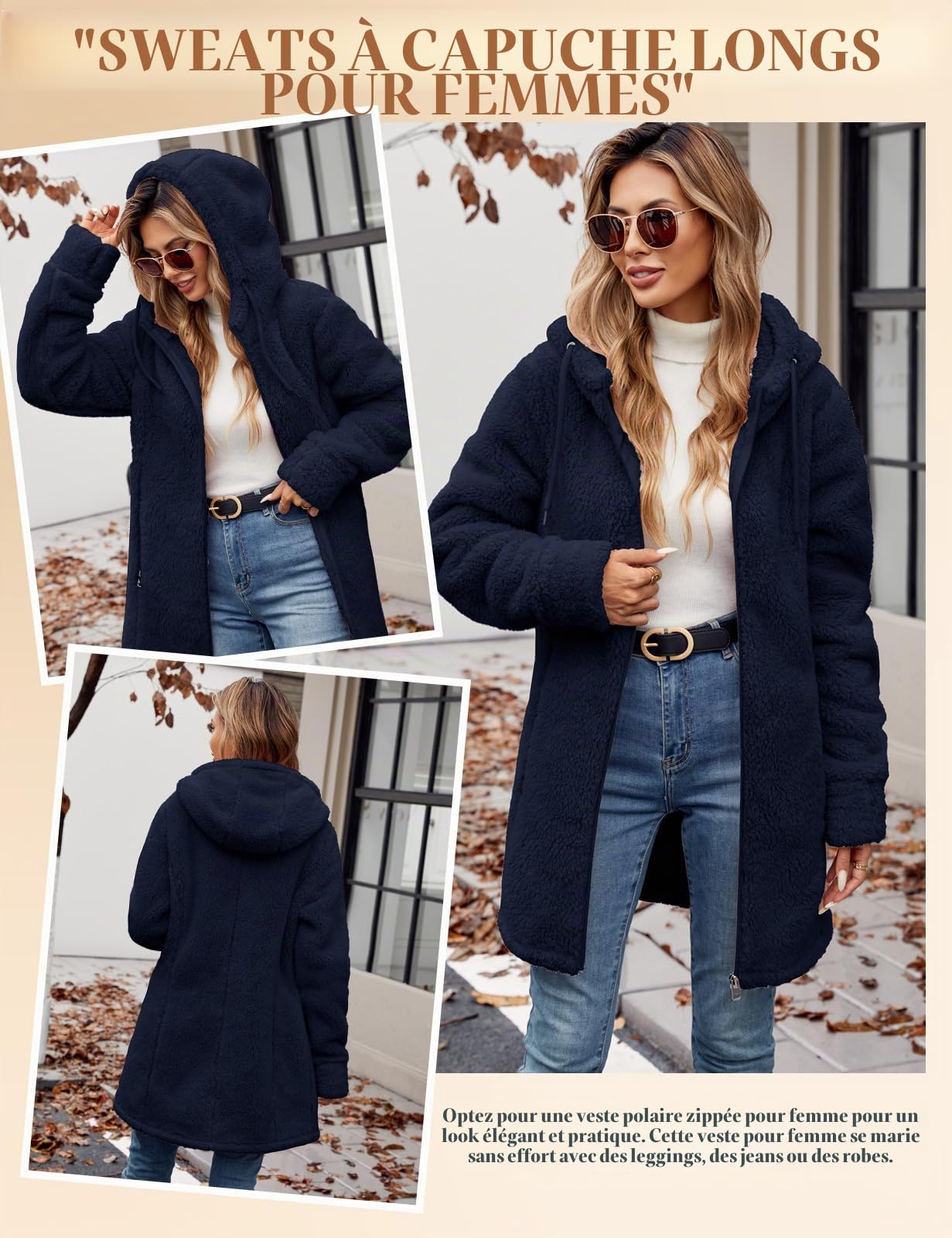 Veste Polaire Femme Hiver Chaud Sweat à Capuche Zippé Manteau Doublure Blouson Manteaux à Capuche Manche Longue Slim Fit Jacket Automne Casual Outwear avec Poches