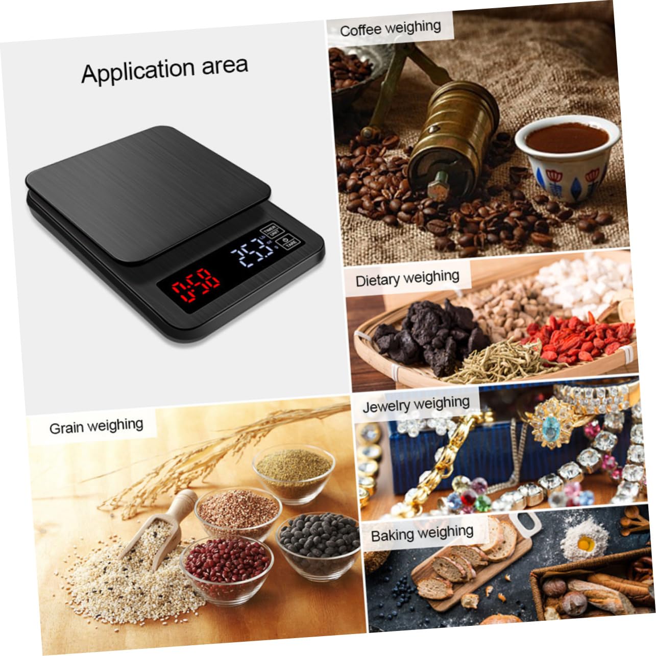 Mikikit Báscula Digital para Alimentos de Cocina y Café con Temporizador, Capacidad 5 Kg, Pantalla LED Grande, Sensores de Alta Precisión, Base Antideslizante, Adecuado para Hornear