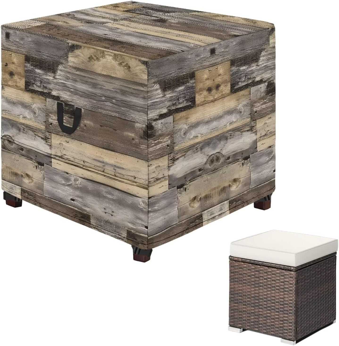 Wood Grain Print Outdoor Ottoman Cover for Women Heavy-Duty Patio Ottoman Cover with Padded Handles Windproof Furniture Covering Protector