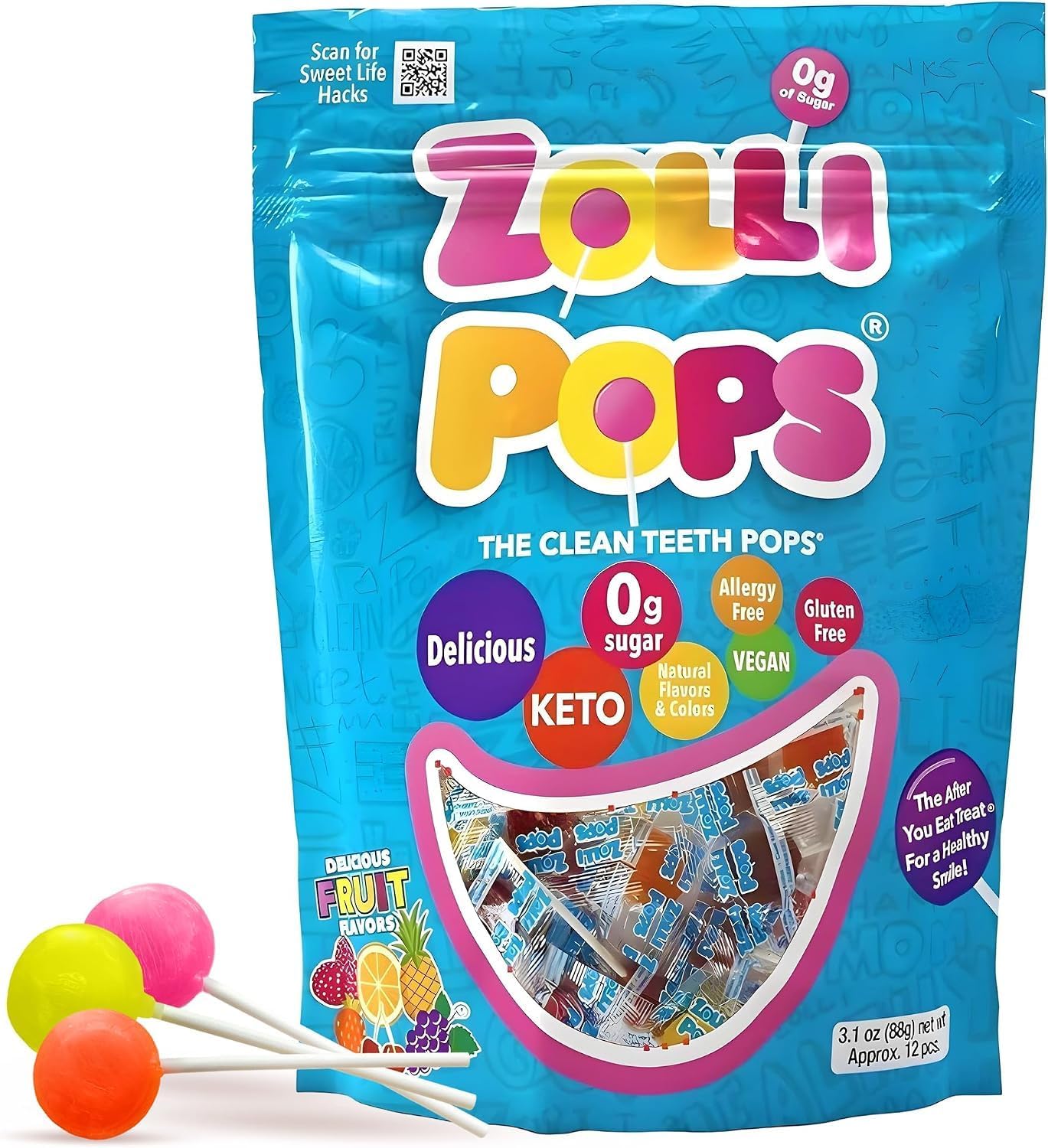 Zollipops Clean Teath Pops Mix Fruit, 3.1 oz.