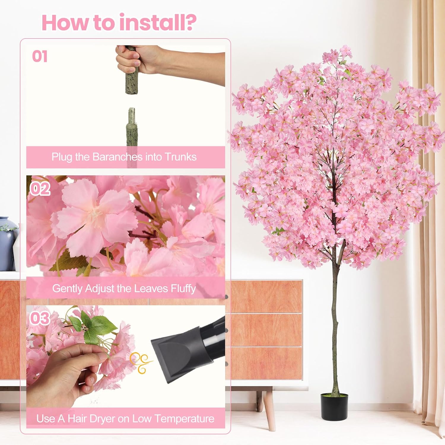 6Ft Tall Cherry Blossom Artificial Tree,Fake Pink Cherry Blossom Tree,Lifelike Decorative Plant in Pot for Indoor/Outdoor, Christmas, Garden,Home Office Dec