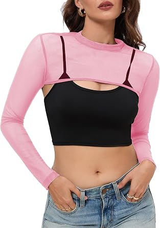 Women Mesh Crop Tops Long Sleeve Mock Neck Sheer Bolero Slim Fit See Through Sexy Tee Shirt Clubwear