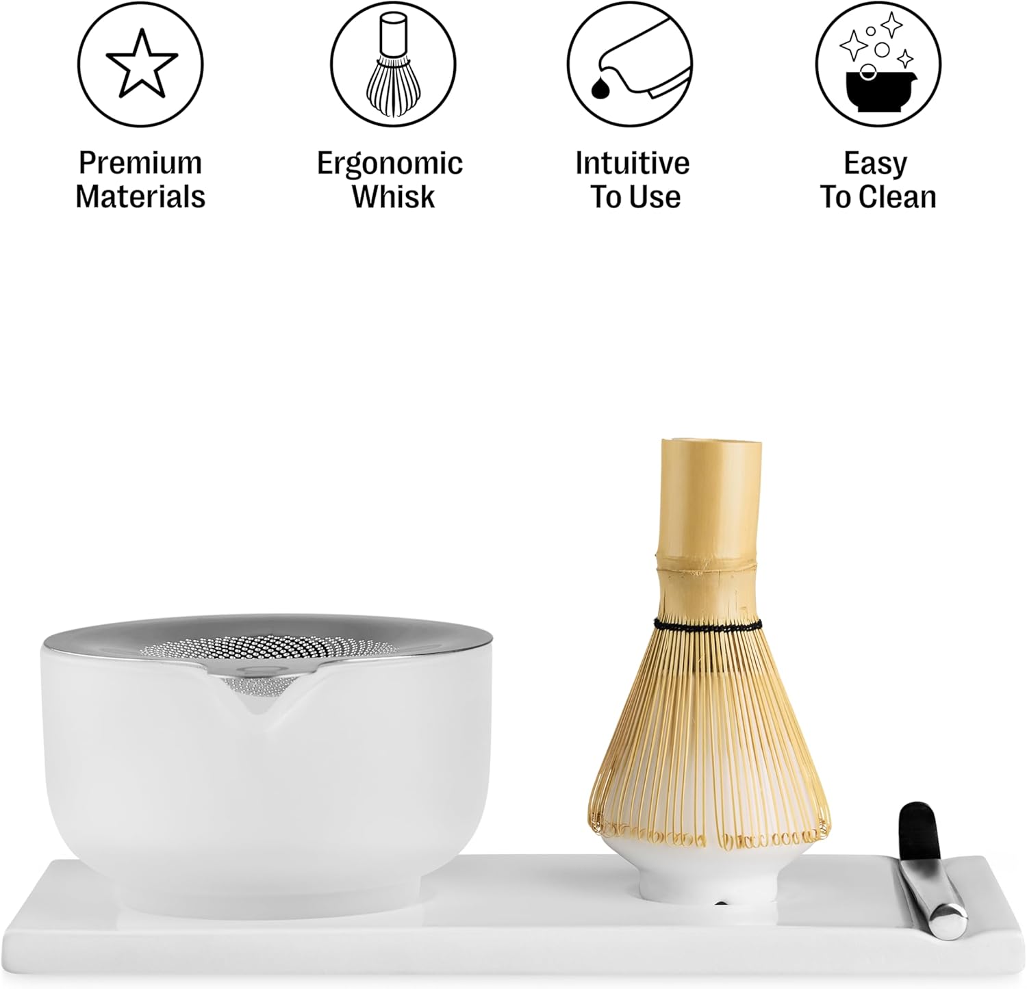 Fellow Matcha Set, Complete Matcha Tea Kit with Ceramic Bowl, Bamboo Whisk & Stand, Stainless Steel Spoon, Sifter, & Tea Tray, Matte White Set