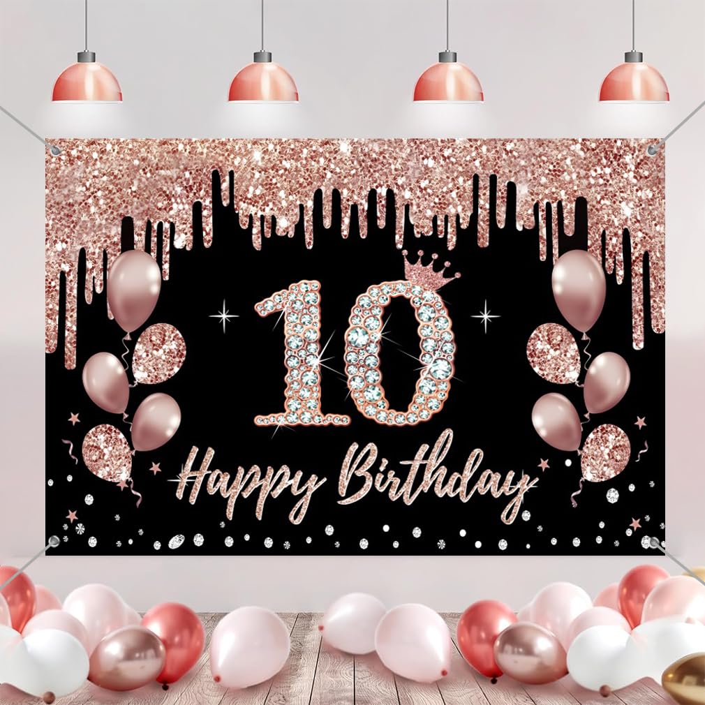 Kit Decorazioni Per 10° Compleanno Ragazza In Oro Rosa, Con Sfondo, Banner E Palloncini (lattice E Lamina), 81 Cm Numero 10