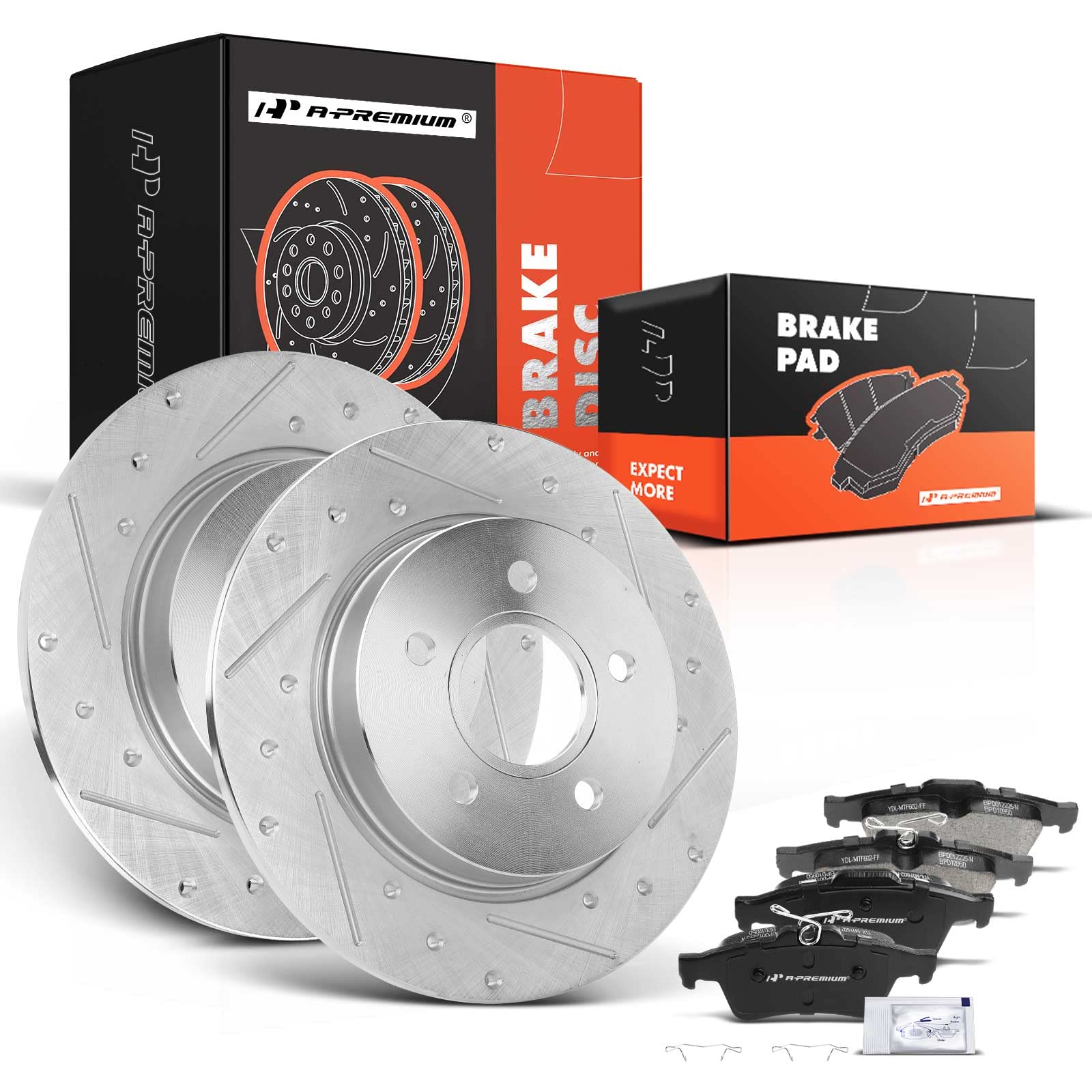 Photo 1 of A-Premium Rear Drilled and Slotted Disc Brake Rotors + Ceramic Pads Kit Compatible with Select Ford Models - Focus 2012 2013 2014 2015 2016 2017 2018, 6-PC Set
