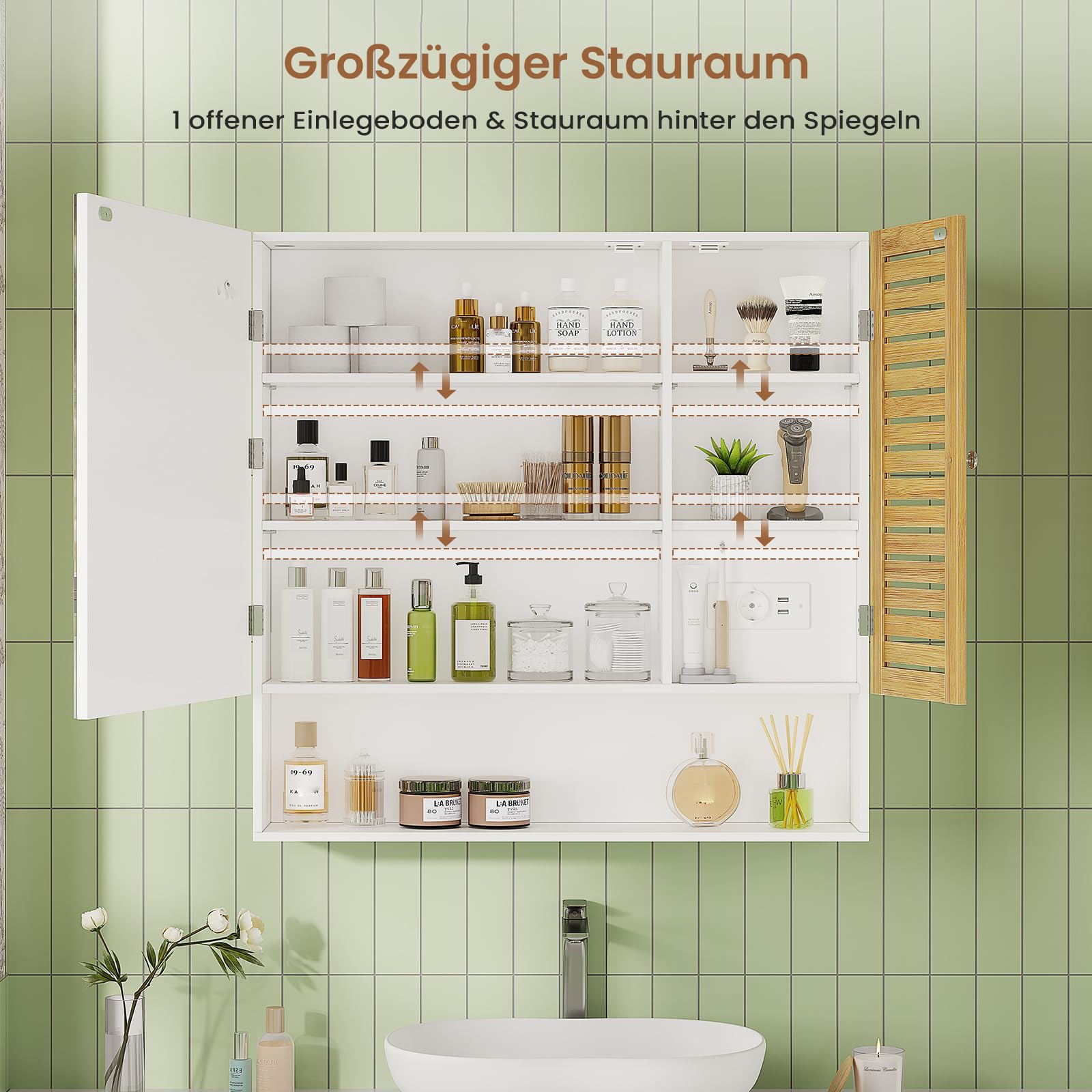 Spiegelschrank Bad mit LED-Beleuchtung & Steckdose 80cm Breit, Badezimmerschrank mit HD-Spiegel, Verstellbarer Ablage, Berührung Sensorschalter, Badschrank, für Badezimmer, 80×16×77cm, Weiß