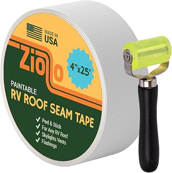 Ziollo Paintable RV Roof Seam Tape with Roller - 4" x25 Leak Repair Tape for EPDM, TPO & Fiberglass - Compatible with All Silicone & Acrylic Roof Coatings