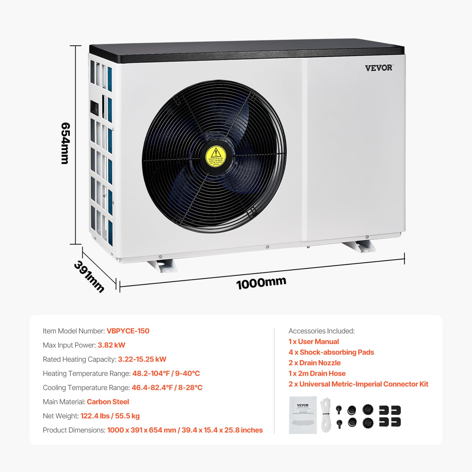VEVOR Elektryczna pompa ciepła do basenu, pojemność 3,22-15,25 kW, energooszczędne podgrzewacze o zmiennej częstotliwości, baseny naziemne 30-60 m³, ogrzewanie podgrzewacza wody AC 220-240 V 50 Hz