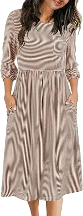MEROKEETY Women's 3/4 Balloon Sleeve Striped High Waist T Shirt Midi Dress with Pockets