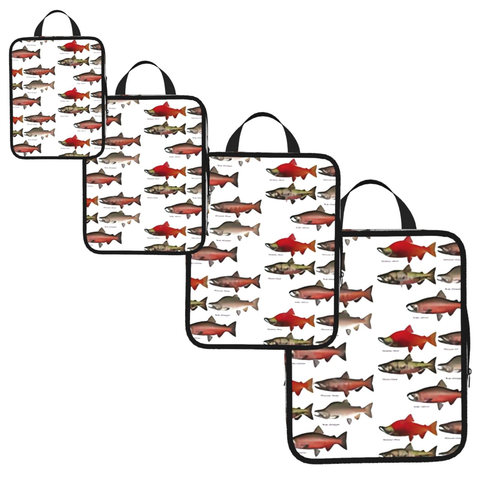 Salmon Print 4 Set Compression Packing Cubes for Suitcases,Expandable Storage Bag Organizers