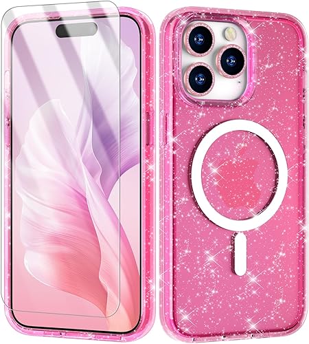 Meshine Funda magnética brillante para iPhone 15 Pro Max compatible con MagSafe, 2 protectores de pantalla y 2 protectores de lente de cámara de