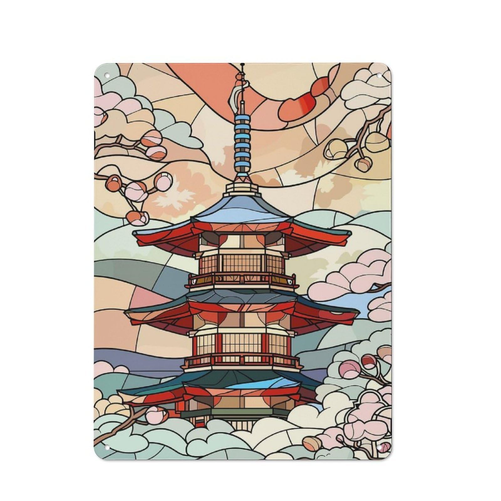 Junmoney Style-6 Japanese Pagoda With Cherry Blossoms Retro Tin Wall Plaque 40X30cm For Home Office Or Studio, For Cooler-Month Interiors With Retro Character
