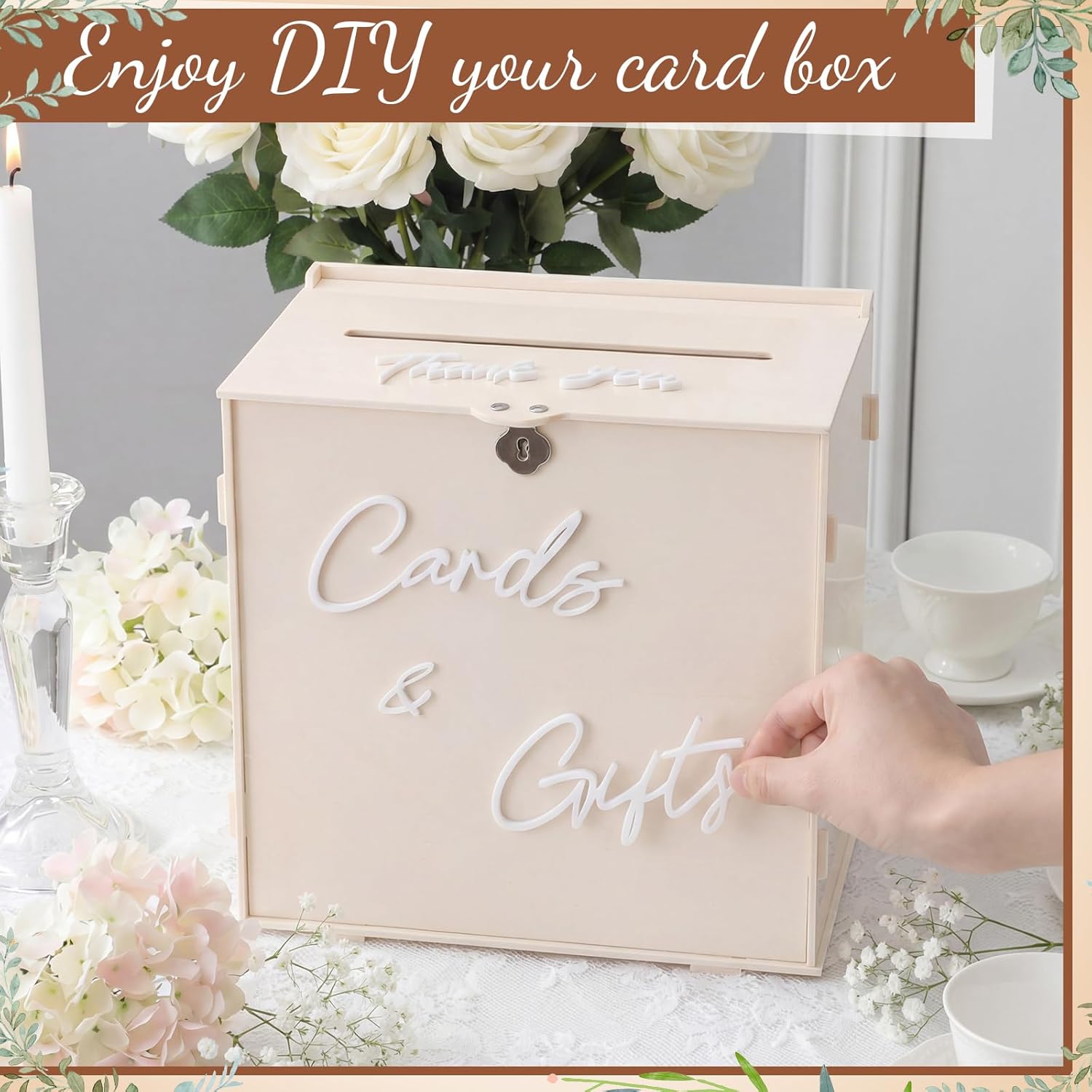 BreezeHug Light Beige Acrylic Wedding Card Box with Slot and Lock, Money Gift Box with DIY Letters Cards Gifts/Thank You Letters, Baby Shower Graduation Birthday Party (Medium)