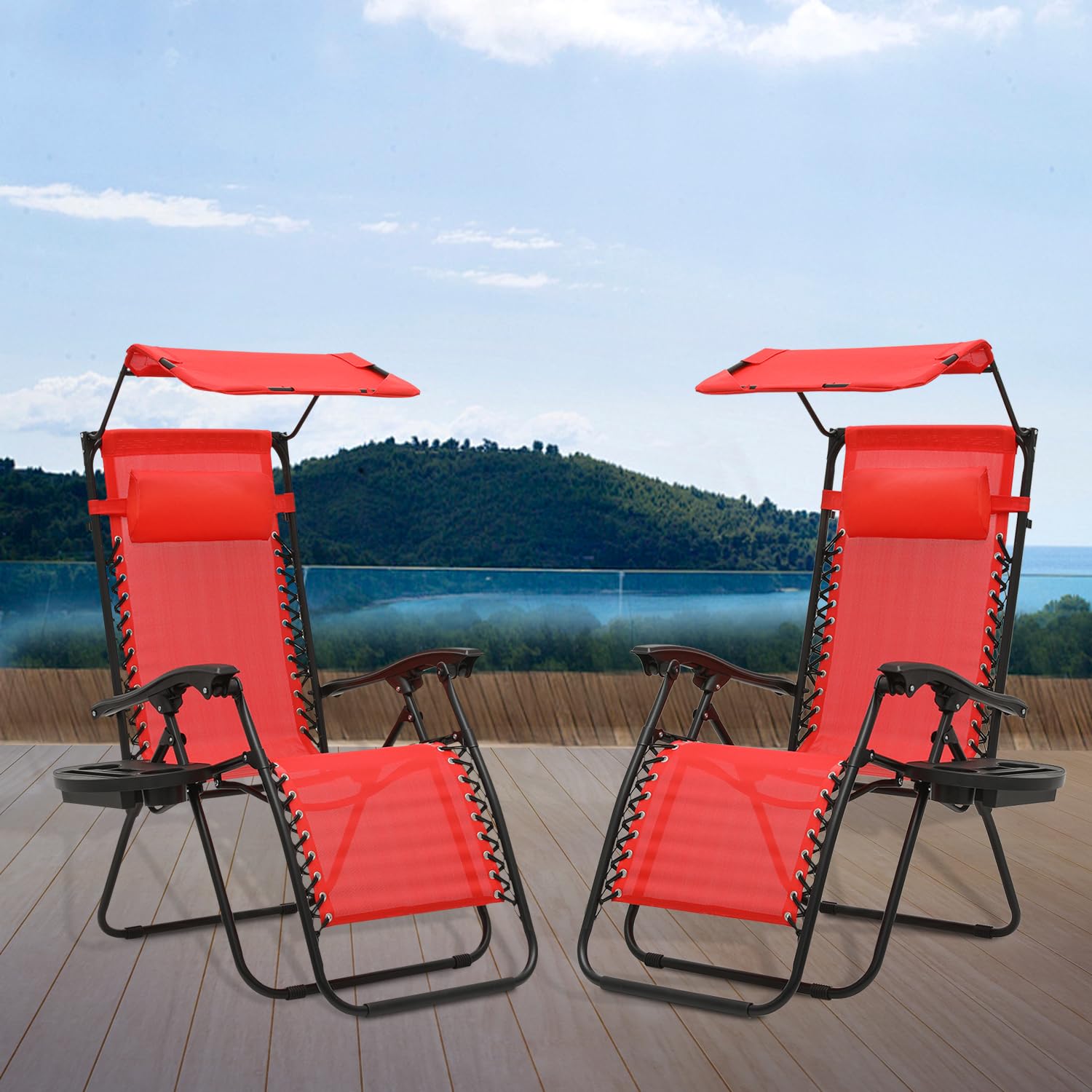 Red Chair Athena 2-Pack Reclining Patio Lounge Chairs - Foldable Beach Chairs With Canopy & Cup Holder (Red) Btexpert Foldable Outdoor Chaise Pool Lounge Chair Red Chair Athena 2-Pack Reclining Patio Lounge Chairs - Foldable Beach Chairs With Canopy & Cup Holder (Red) Btexpert Foldable Outdoor Chaise Pool Lounge Chair
