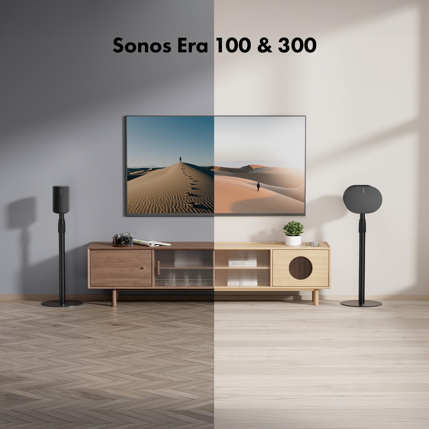 Maclean MC‑496 Supporto da pavimento per Sonos Era 100 e 300 | Regolabile 682-1068 mm | Gestione cavi e base stabile | Set di 2 treppiedi neri | Design elegante e sicuro