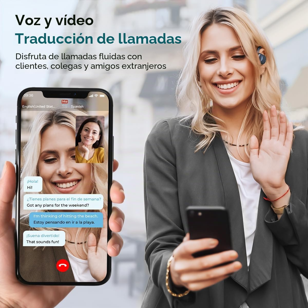 kentfaith AI Auriculares Traductores Instantáneos en Tiempo Real, 150 Idiomas, 30H Batería, Bluetooth 5.3 Diseño Abierto Cómodo, Traductor Bidireccional para Viajes/Negocios/Estudio - Negro