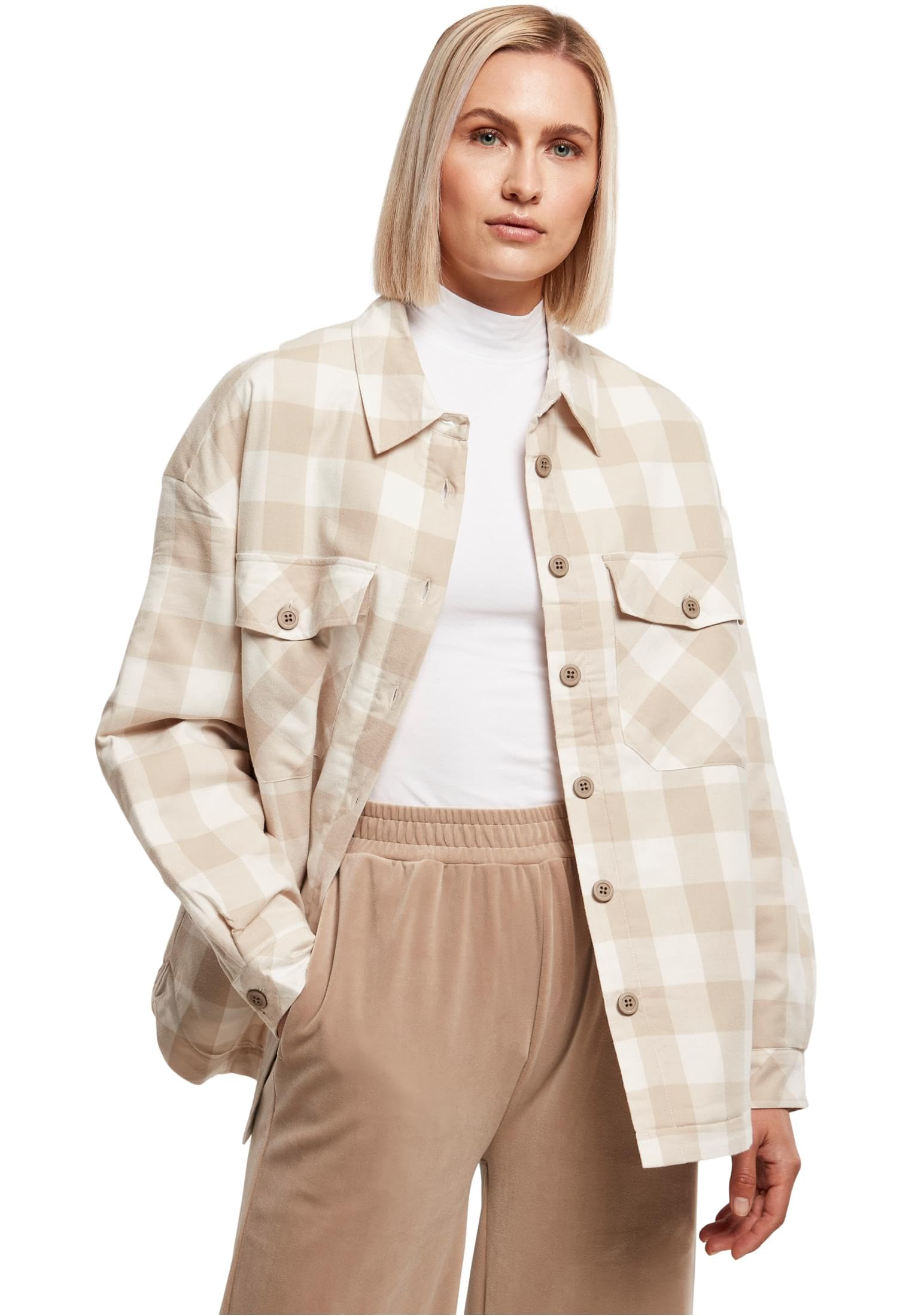 Urban Classics Women's Ladies Flanell Padded Overshirt Jacket, whitesand/lighttaupe, XL