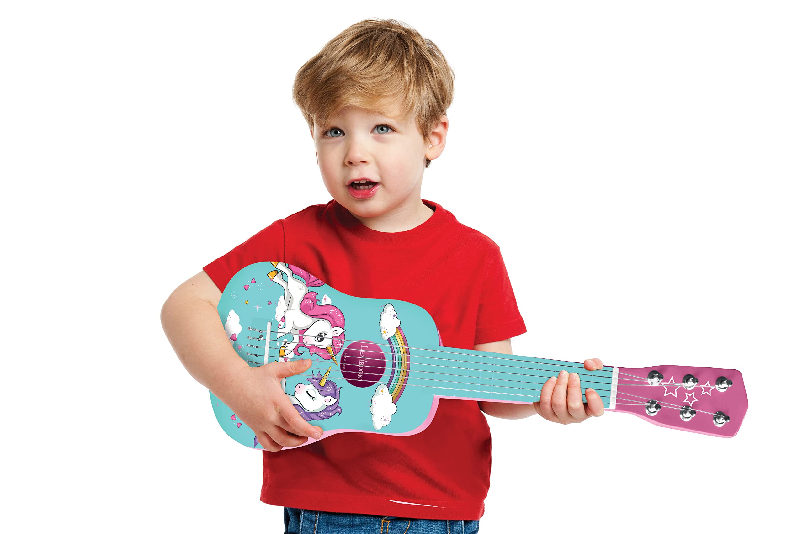 Lexibook Drewniana Gitara Jednorożec, 6 Strun, 53 cm, Przewodnik w Zestawie, Różowy, Niebieski, K205UNI