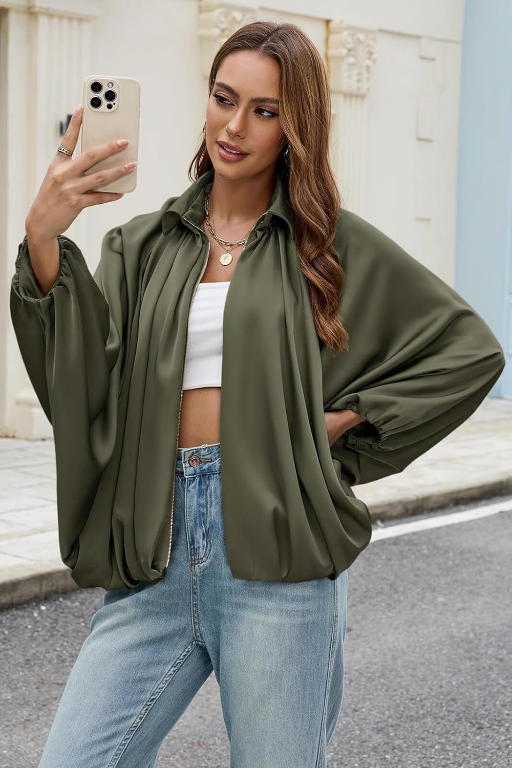 Womens Satin Puffed Bomber Jacket Oversized Batwing Sleeve Lapel Collar Pleated Zip Up Outerwear Shirts - Image 2