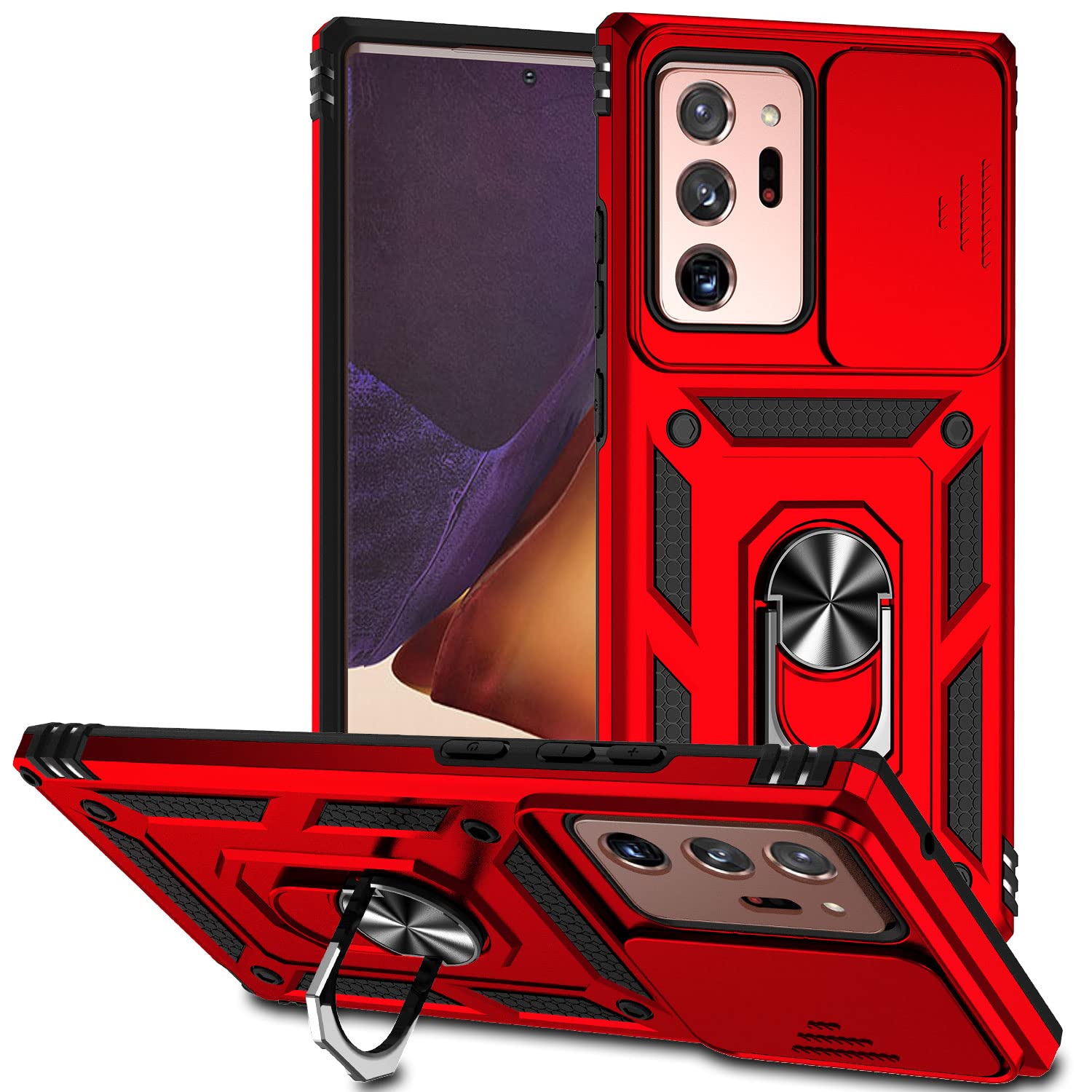 Jiyu Funda Compatible con Samsung Galaxy Note20 Ultra Carcasă Armor Militar Cubierta de Cámara Deslizante Proteger Fundas con 360 Full Protección Anillo Soporte Silicona Estuche Cover Case,Rojo
