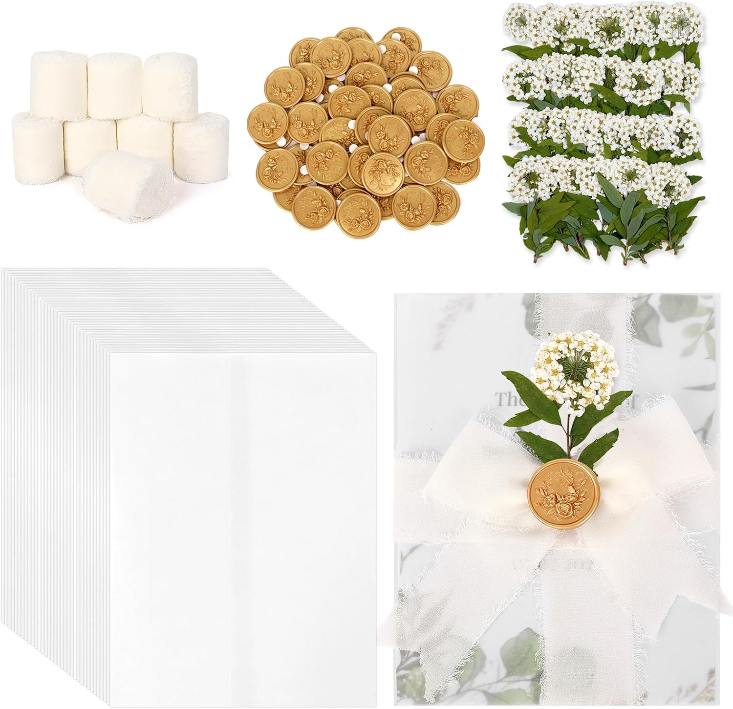 50 Sets Wedding Invitation Envelopes Kit,Pre-Folded Vellum Jackets for 5×7 Invitations Self Adhesive Gold Wax Seal Stickers,Ribbon and White Dried Flowers,Perfect for handmade DIY Wedding Invitations