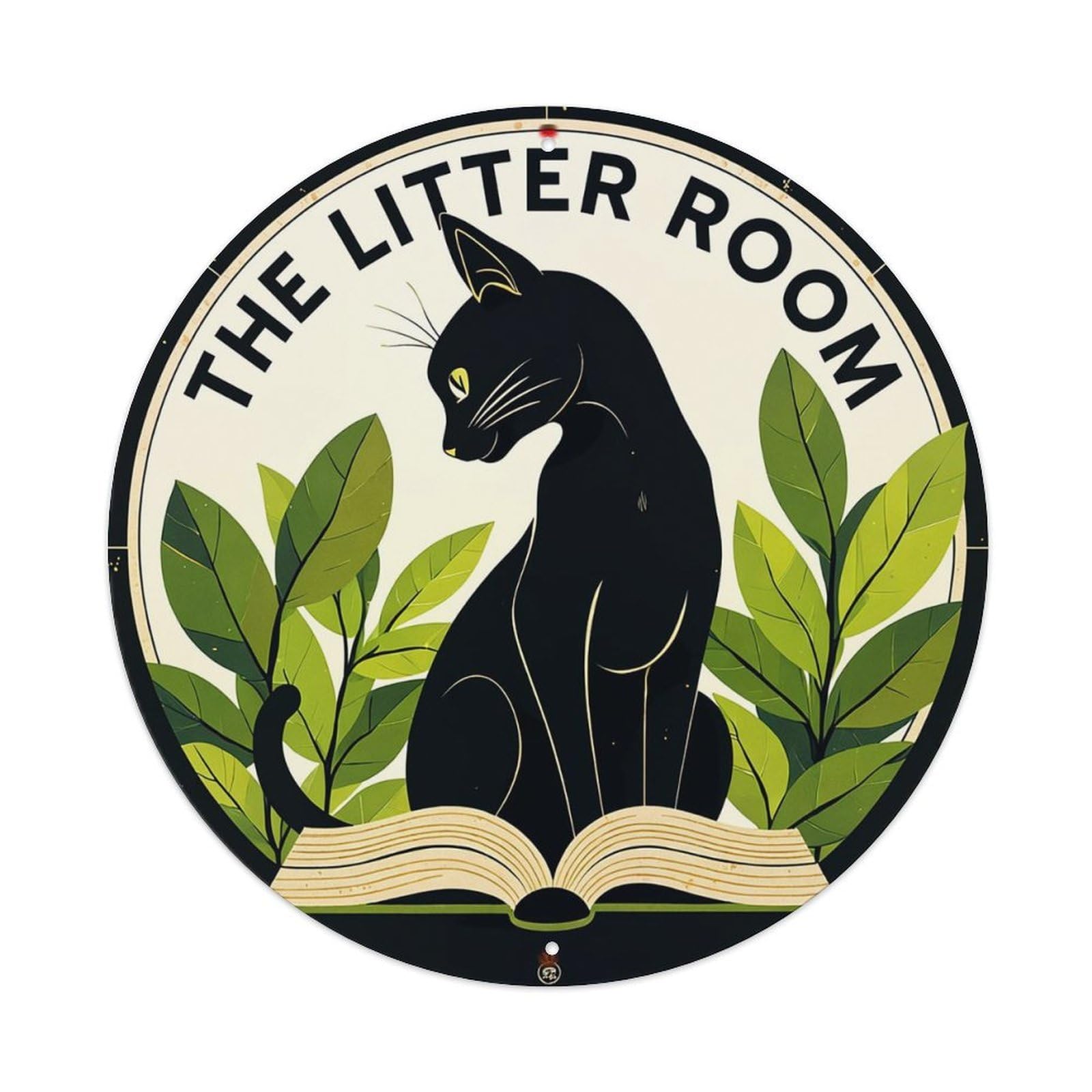 Black Cat Book Leaves Circle Metal Tin Sign Plaque