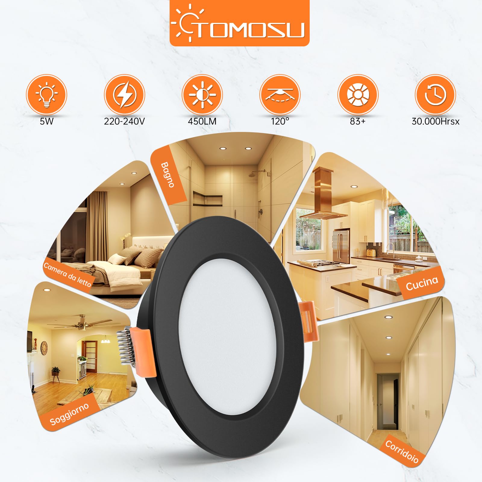 Tomosu 20x Faretti LED da Incasso per Cartongesso Neri, Luce Calda, 5W | 220V, Diametro 98mm, foro 75mm-85mm, 2700K, 450LM, IP44 Faretti LED Soffitto Incasso Cartongesso per Bagno, Rotonda
