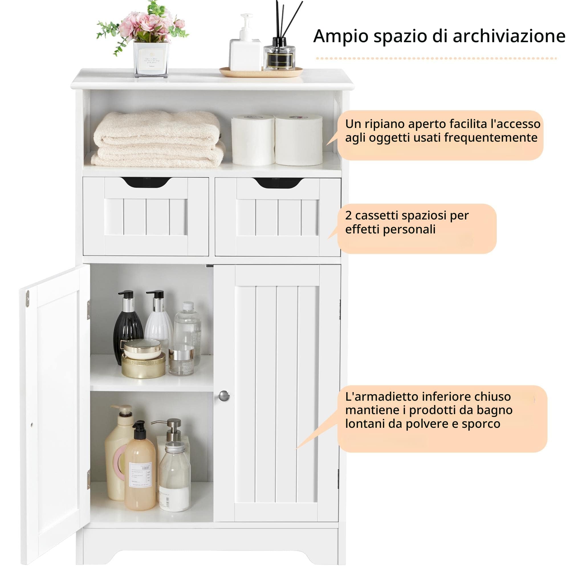 Yaheetech Armadietto Bagno a Terra Mobietto Autoportante Mobile Bagno Portaoggetti Moderno Armadio da Terra con Cassetti e Ante Salvaspazio Salotto Cucina Soggiorno Bianco 60 x 30 x 104,5 cm