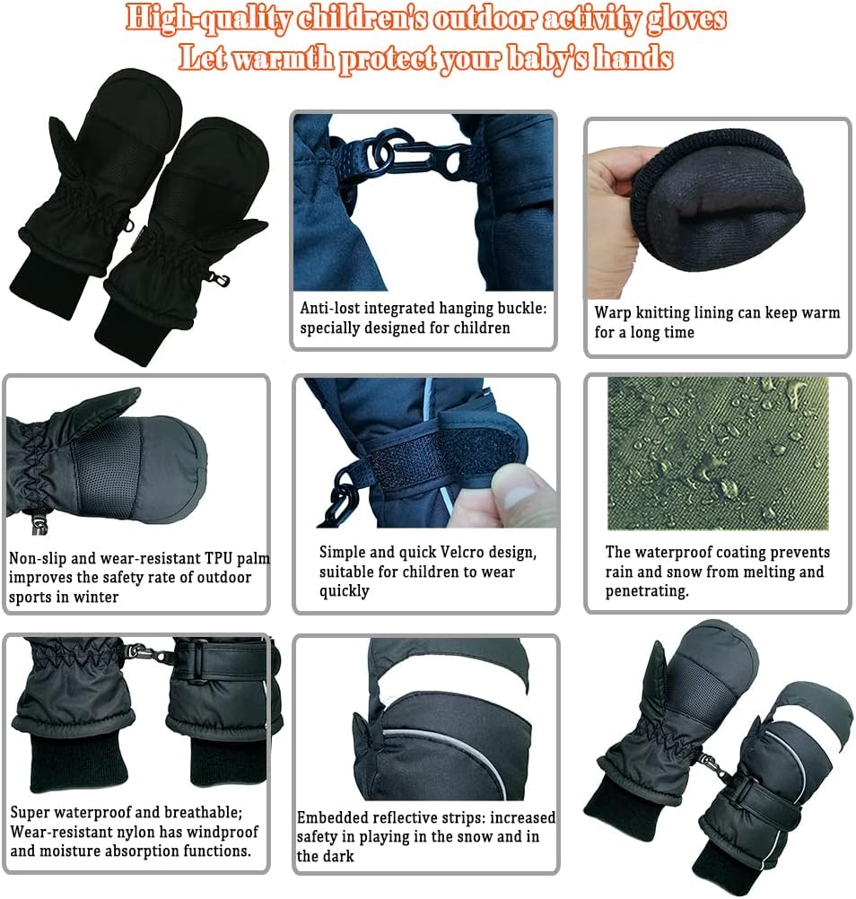 Ski gloves kids mittens winter baby snow gloves toddler mittens waterproof toddler mittens for boys（Black 5-7Y）
