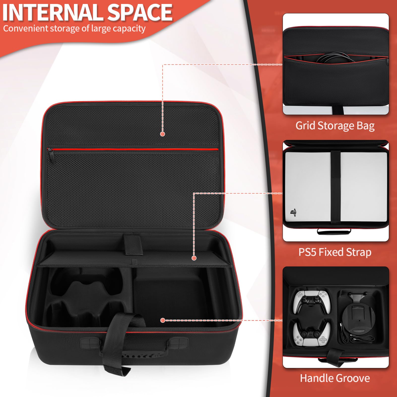 GMAK Custodia rigida per PS5, custodia protettiva da viaggio compatibile con Playstation 5, controller DualSense, base, cavi e altri accessori, custodia in EVA con tracolla per PS5, nera