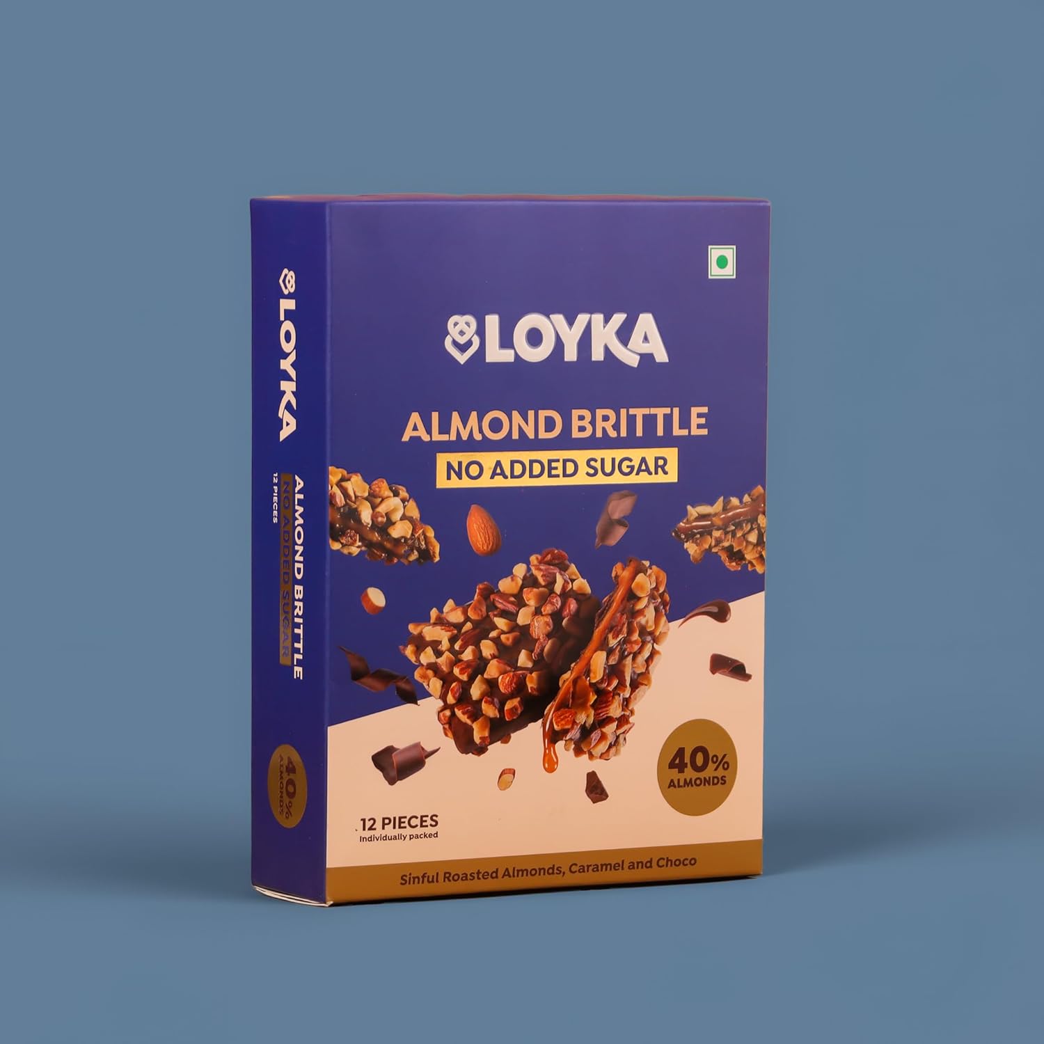 LOYKA Almond Brittle No Added Sugar Choco Box - 12 Pcs,Diet Friendly,No Refined Sugar Added,Healthy Guilt-Free Morning/Evening Snack,Better-for-You Snack,Roasted California Almonds (40%) - 204 gm