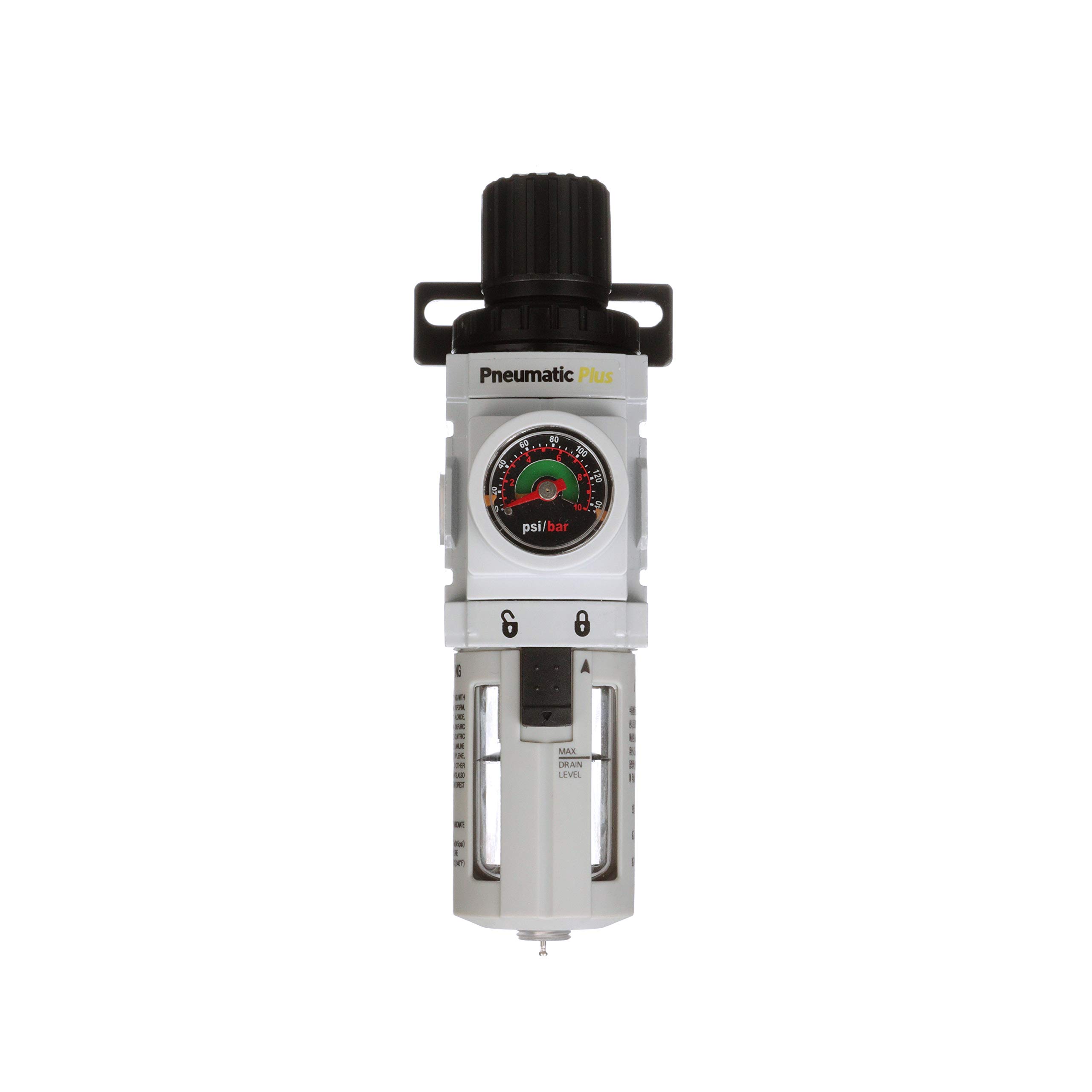 PneumaticPlus PPP2-N02BG Regulador de filtro de aire miniatura Piggyback Combo 1/4" NPT – 5 micras, Cuenco de poliéster, drenaje manual, manómetro incrustado