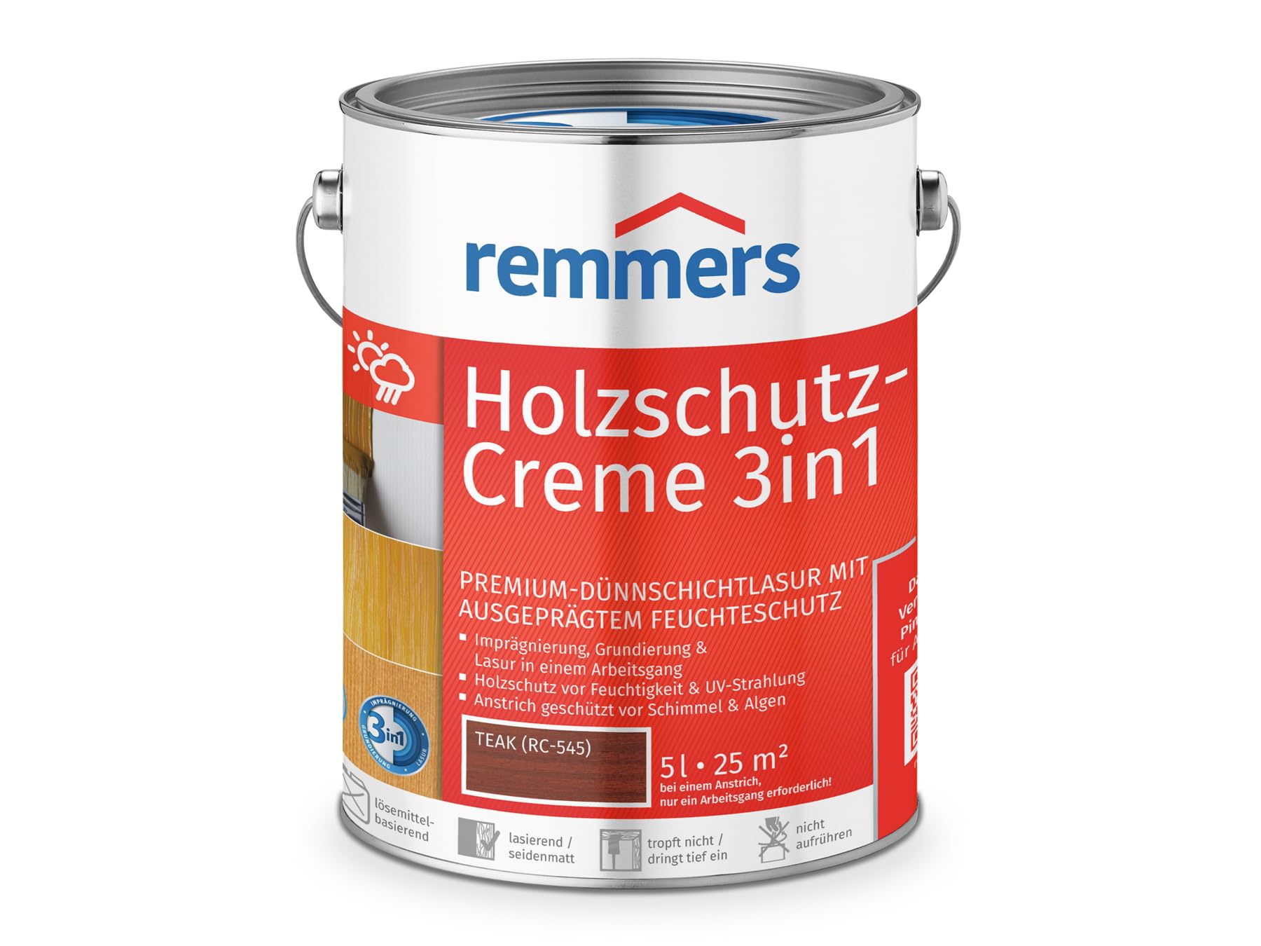 Remmers Krem ochronny do drewna 3 w 1 z drewna tekowego, 5 litrów, bejca do drewna, do użytku na zewnątrz, 3 w 1: impregnacja, gruntowanie i lazura w jednym cyklu pracy