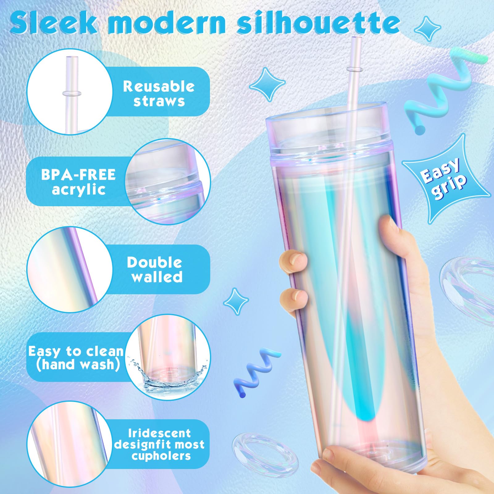 Tujoe Confezione da 6 bicchieri in plastica iridescente con cannuccia iridescente, tazza da caffè isolata con coperchio e cannucce, per addio al nubilato, discoteca, compleanno, matrimonio