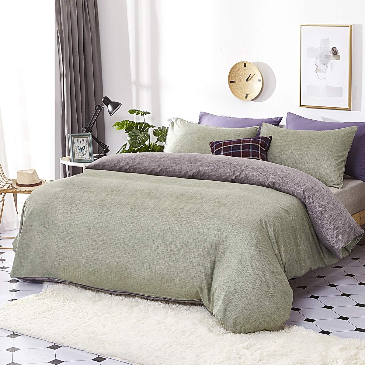 Eternal Moment 3 Piece Solid Color Microfiber Duvet Cover Set, Ultra Soft and Durable, Duvet Cover and 2 Pillowcases, Light Green-King