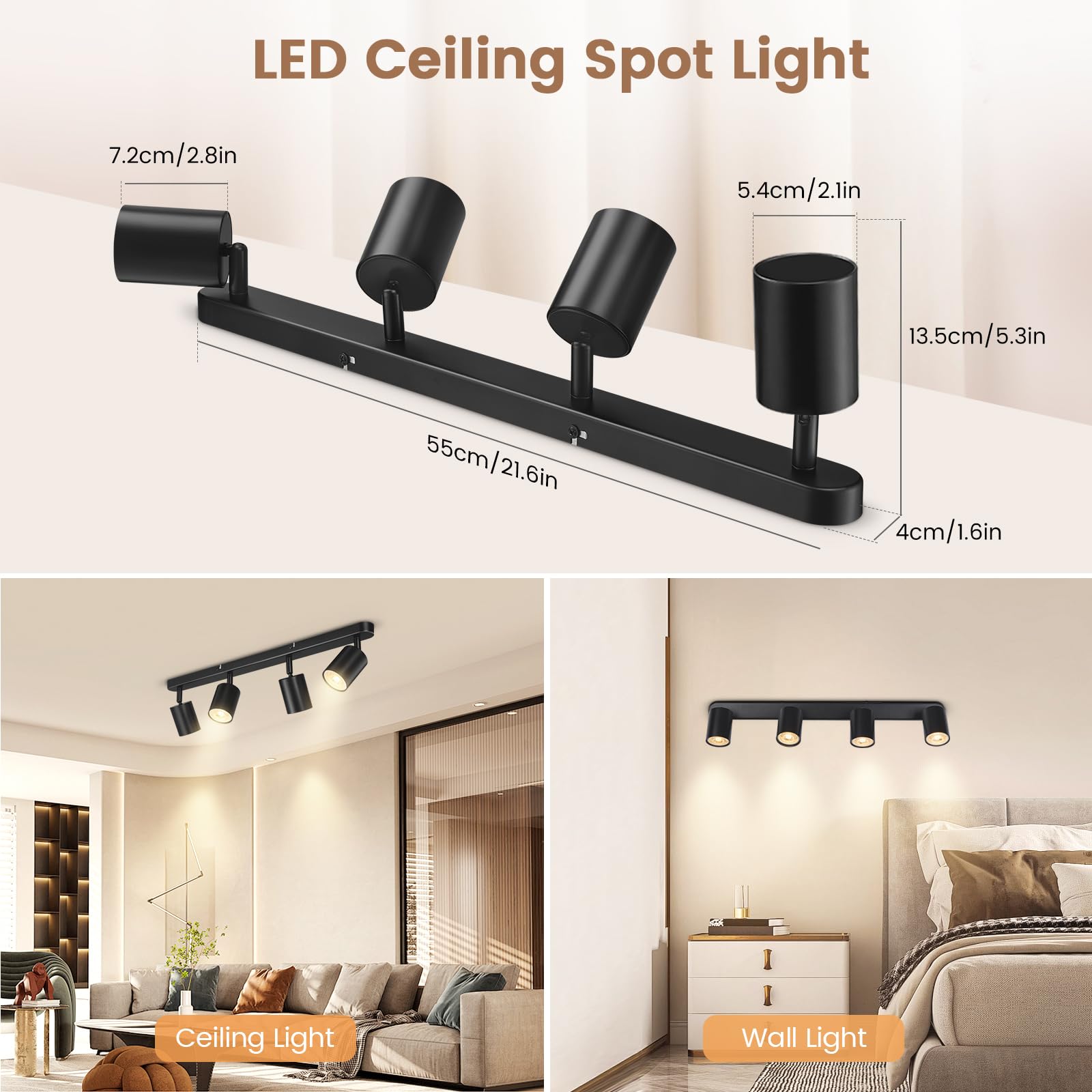 Focos Techo, GU10 Lámpara de Techo con 4 Focos, Lámpara de Pared Interior LED Negro Orientables, Modernas Focos para el Techo para Salon, Dormitorio, Cocina, Pasillo, Sin Bombilla