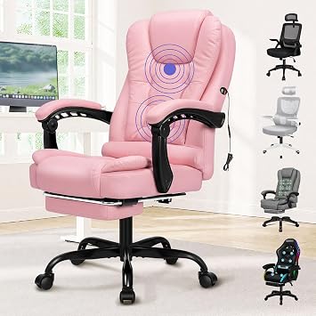 ELFORDSON Massage Executive Office Chair, Computer Desks Chairs with Footrest Armrests, Ergonomic PC Gaming Chair, High Back, Reclining, Swivel, PU Leather, Heavy-duty Work Chairs for Home, Pink
