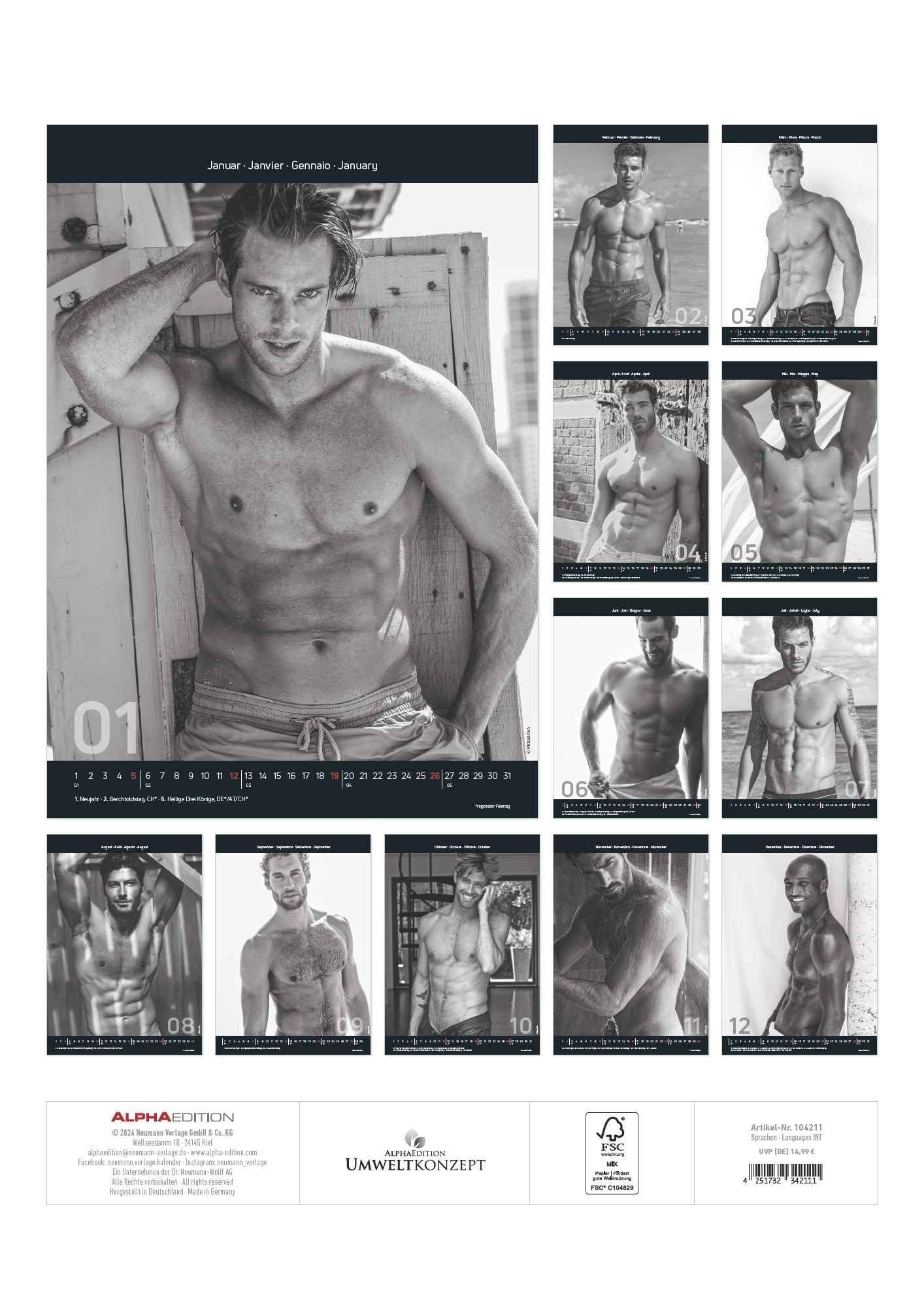 Hot Men 2025 - Bildkalender 29,7x42 cm - Männer - erotischer Kalender - hochwertiger Erotikkalender - schwarz-weiß - Wandplaner - Wandkalender