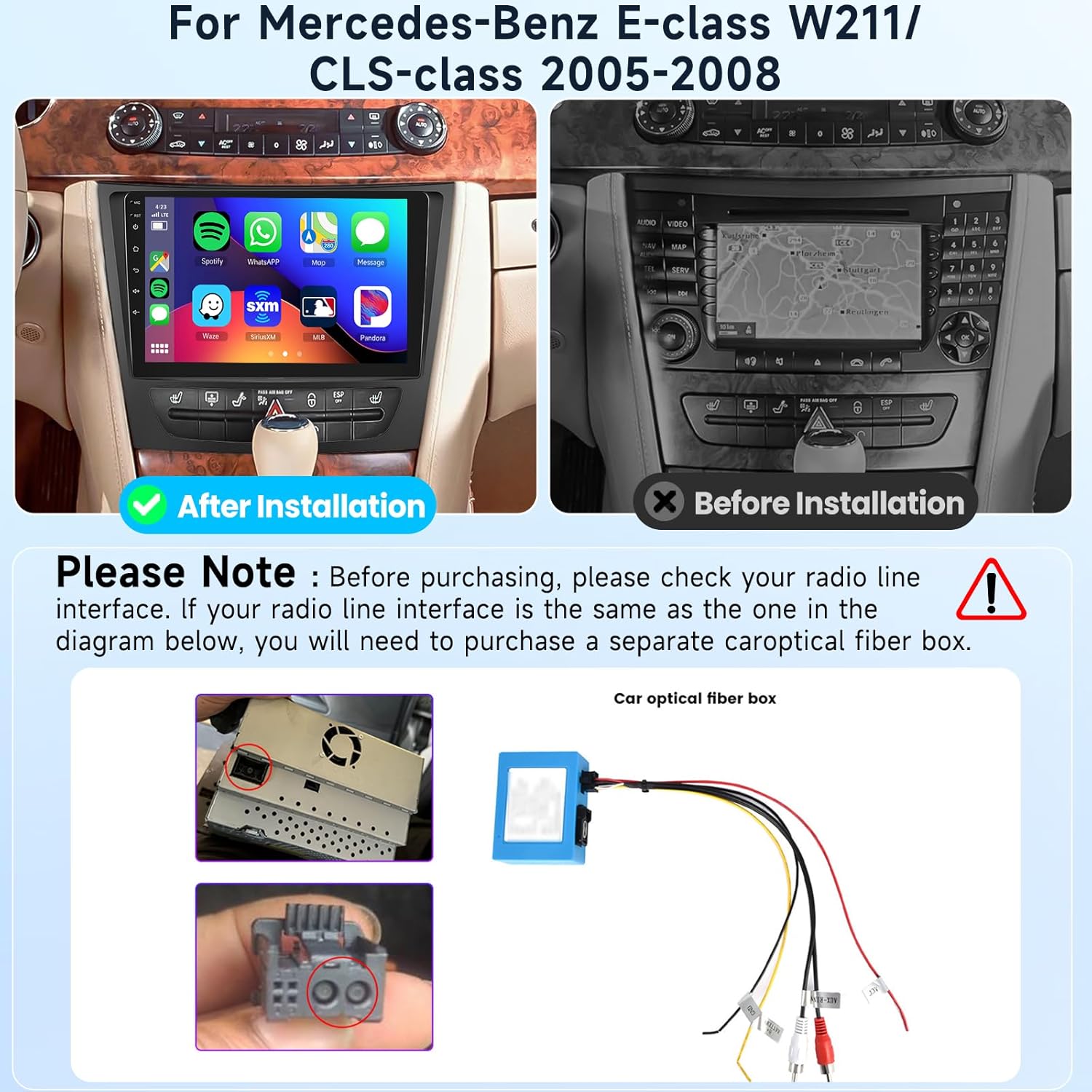 Comparison image showing car dashboard before and after stereo installation, with a note about checking the radio line interface and a diagram of an optical fiber box.