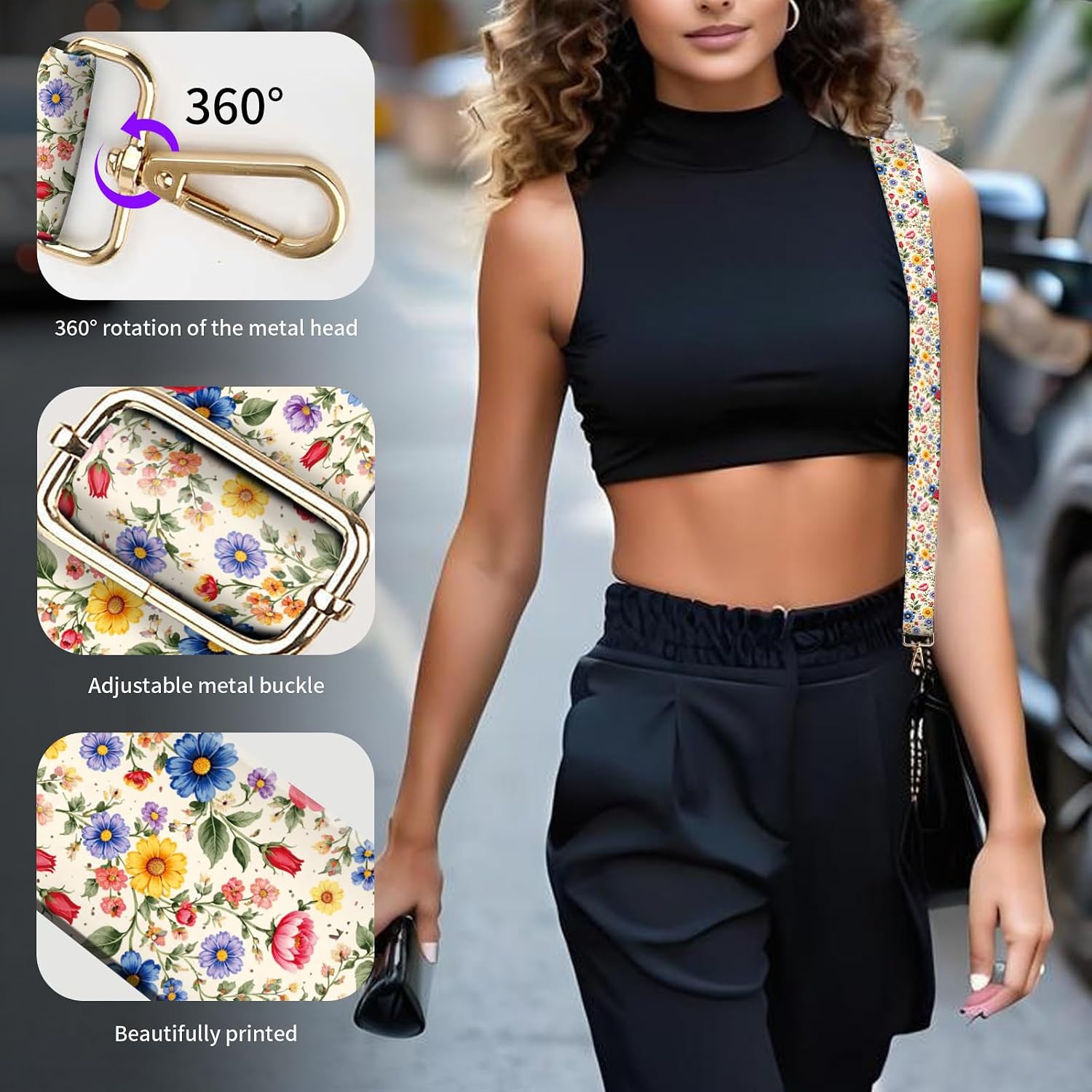 Wide Purse Strap Replacement Crossbody, Funny Shoulder Strap Adjustable, Cute Bag Strap for Women Guitar Purses Cute Luxury Flowers image 4