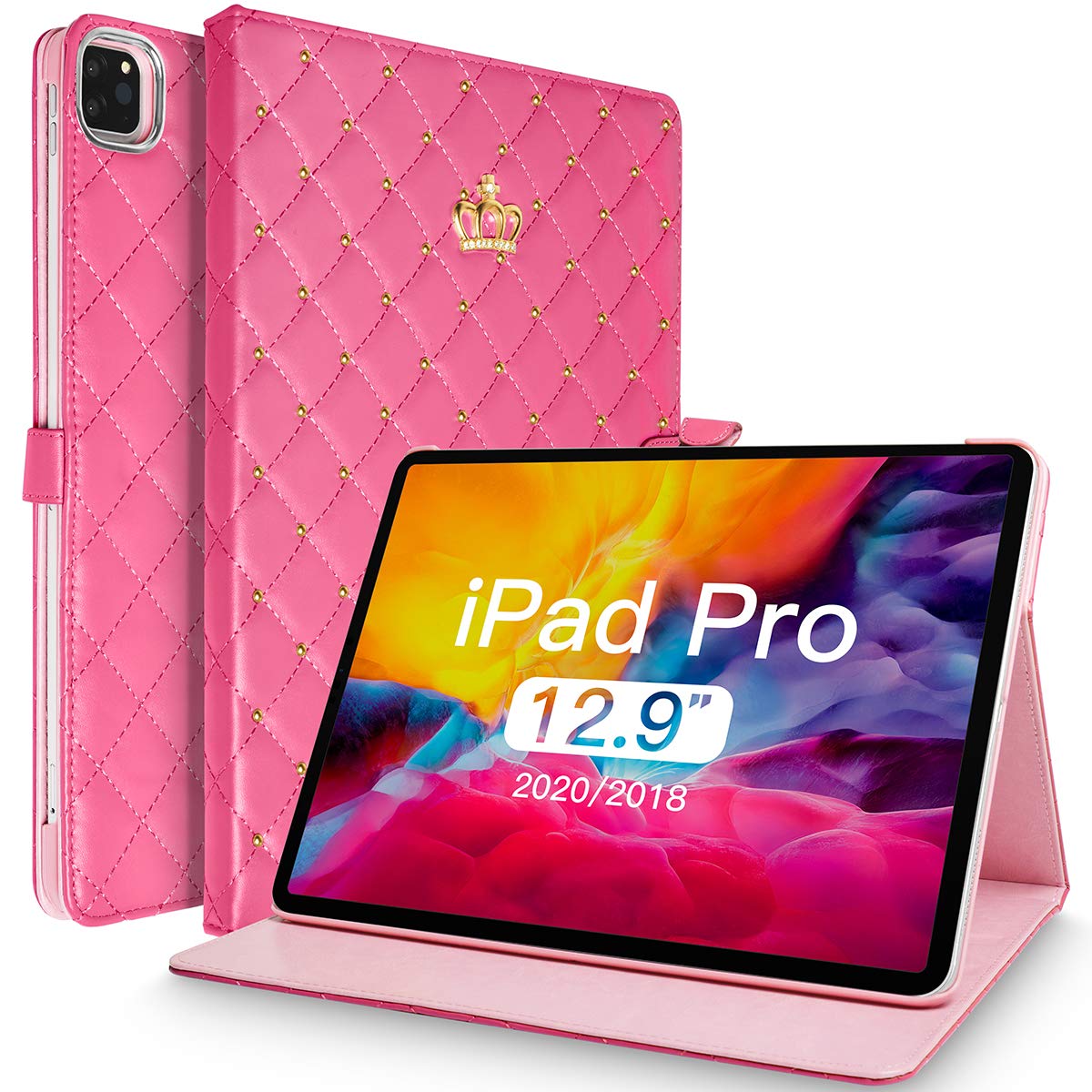 Topwin Cute Crown Case for iPad Pro 12.9-inch (6th,5th, 4th & 3rd Gen),Bling Diamond PU Leather Smart Auto Sleep/Wake Kickstand Shockproof Flip Case