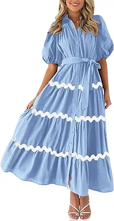 PRETTYGARDEN Womens Summer Maxi Button Down Puff Short Sleeve Ruffle Long Flowy Shirt Dresses With Belt