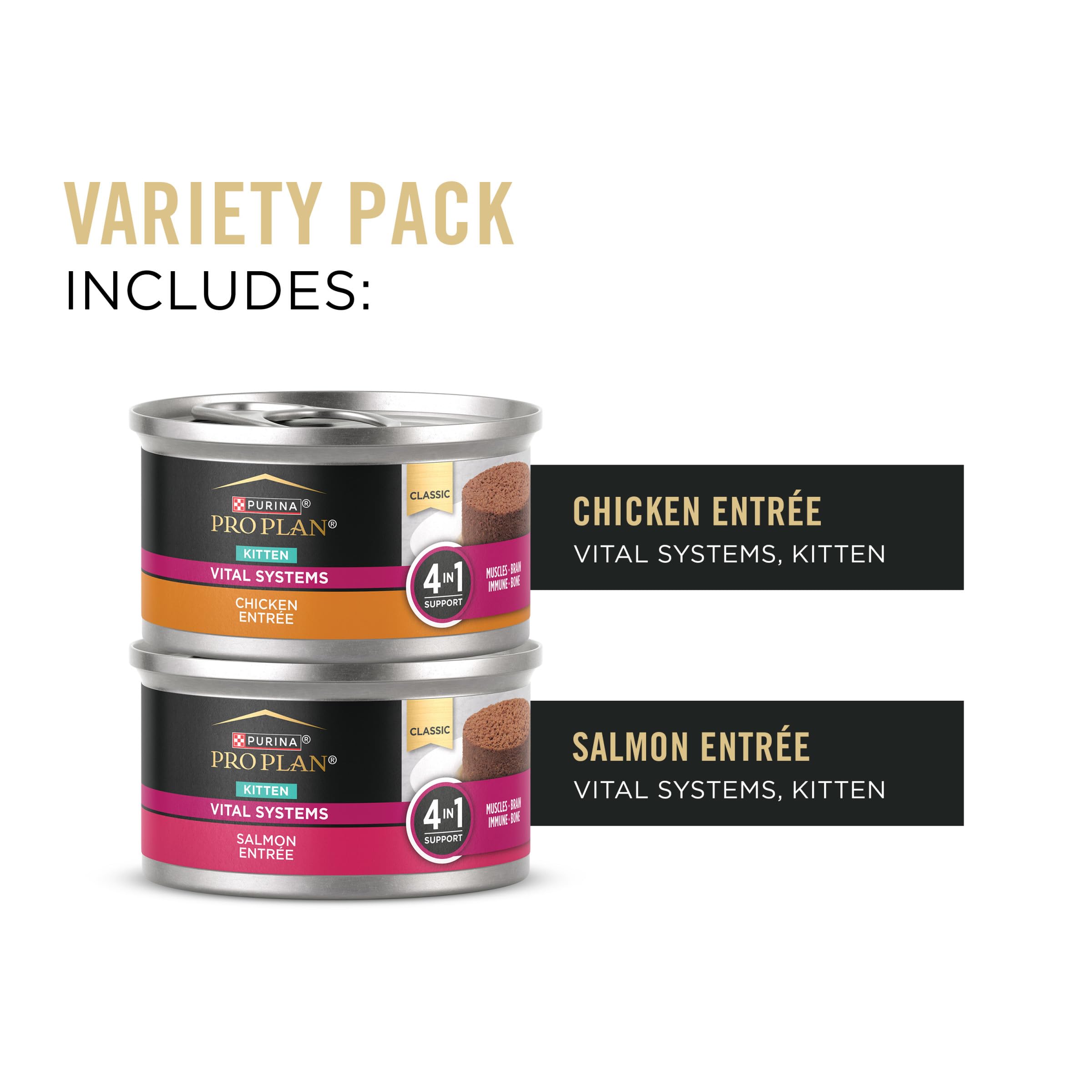 Purina Pro Plan Vital Systems Chicken and Salmon Entree Wet Kitten Food Variety Pack 4-in-1 Muscles, Brain, Immune and Bone - (Pack of 24) 3 oz. Cans