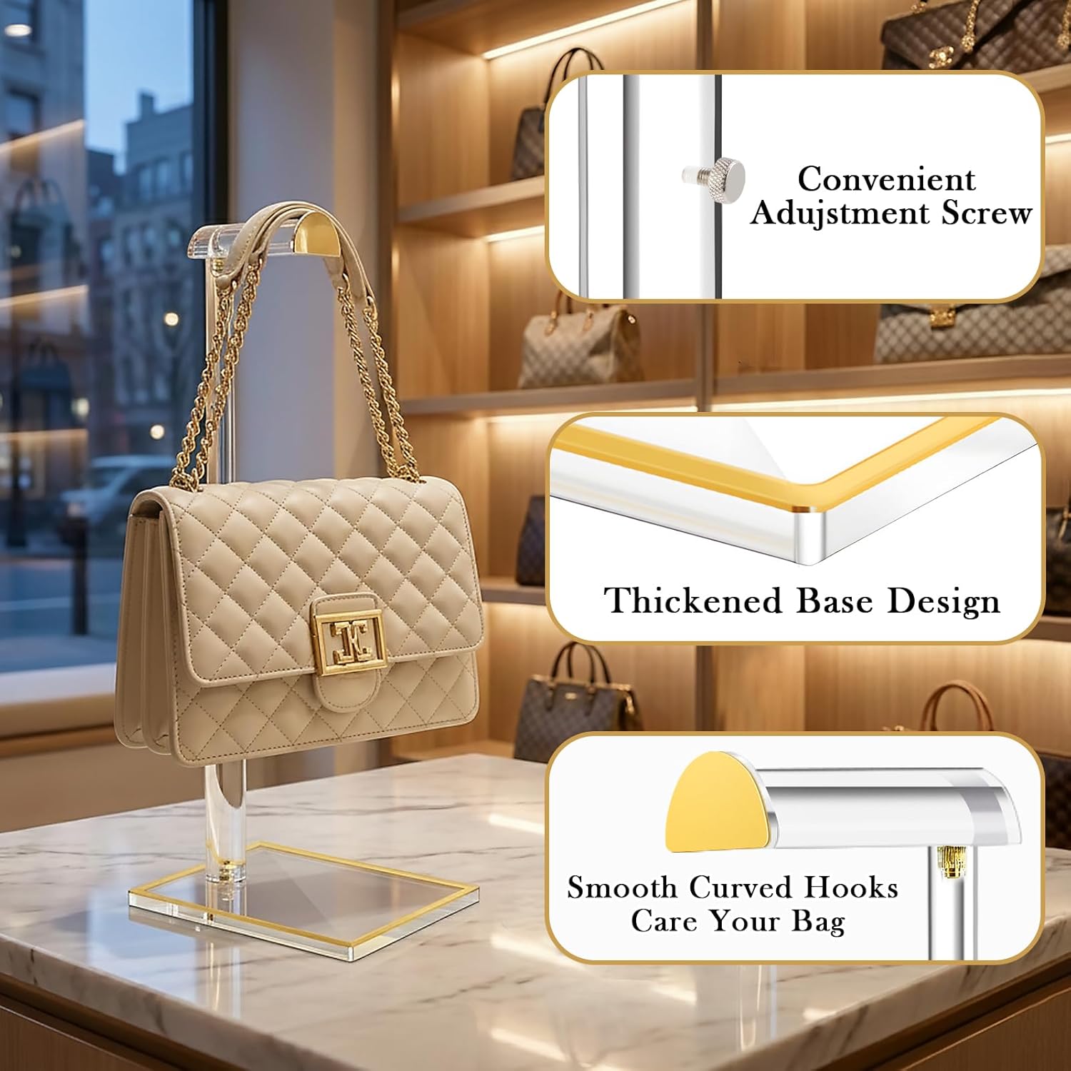 2 Pack Acrylic Handbag Display Stand, Gold Trim Clear Purse Holder 14"-24" Adjustable Height Thicken Anti-slip Base, Purse Rack Hanging Evening Bags Clutch Jewelry for Table Closet Retail Vendors - Image 3