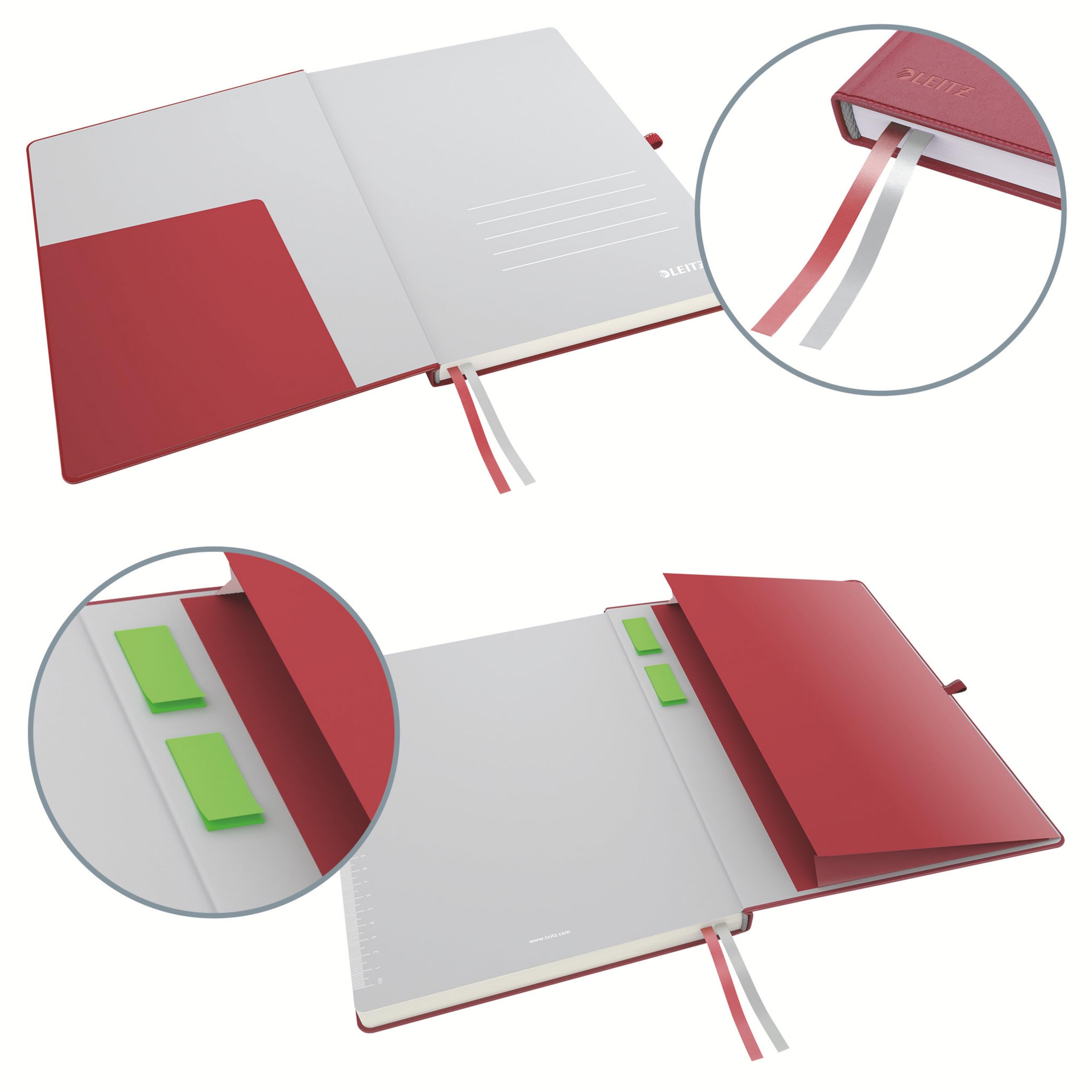 Leitz Complete Qualitäts-Notizbuch A4 liniert, 160 Seiten, 80 Blatt, Hardcover mit hochwertigem Einband, 100 g/m² Papier FSC zertifiziert, Verschluss, Lesezeichen, Stiftschlaufe, Rot, 44720025